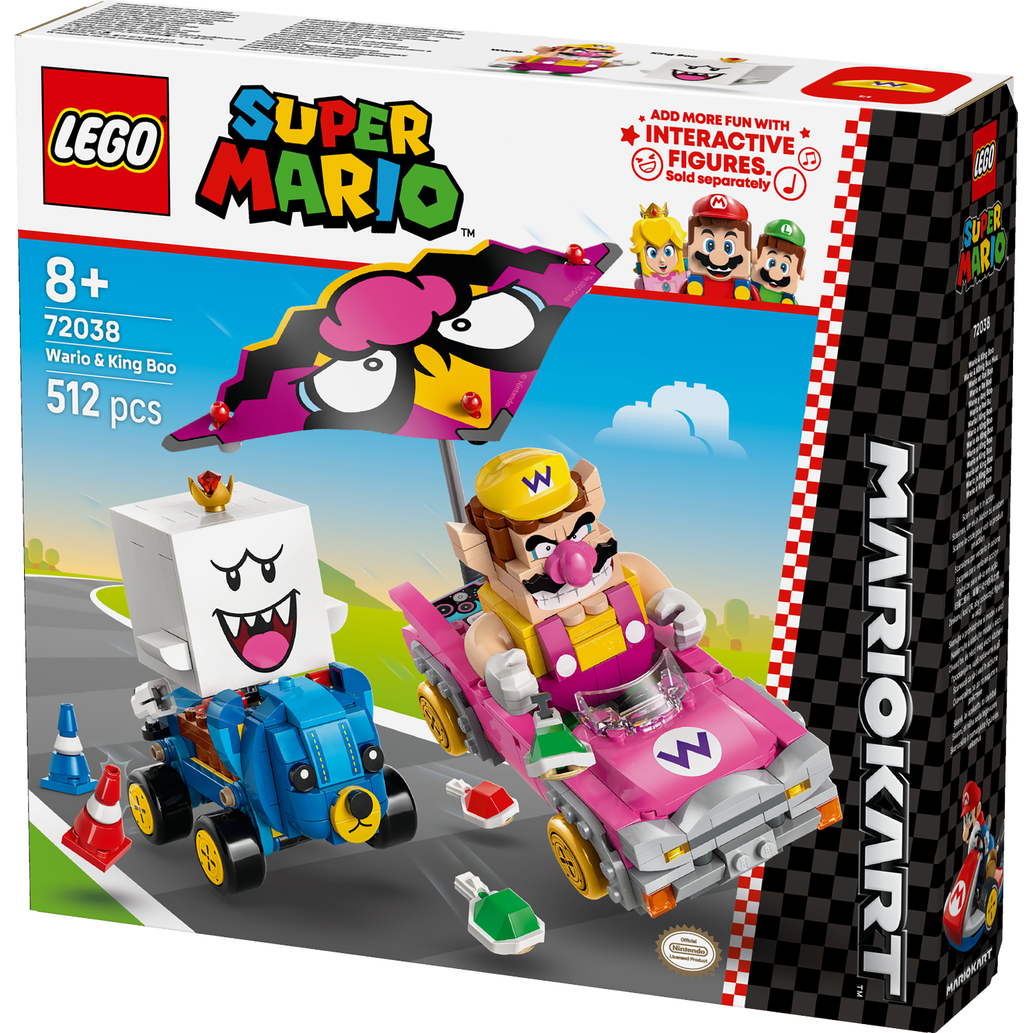 Lego box of Super Mario Wario & King Boo with figures and cars on a racetrack, with a blue sky background.