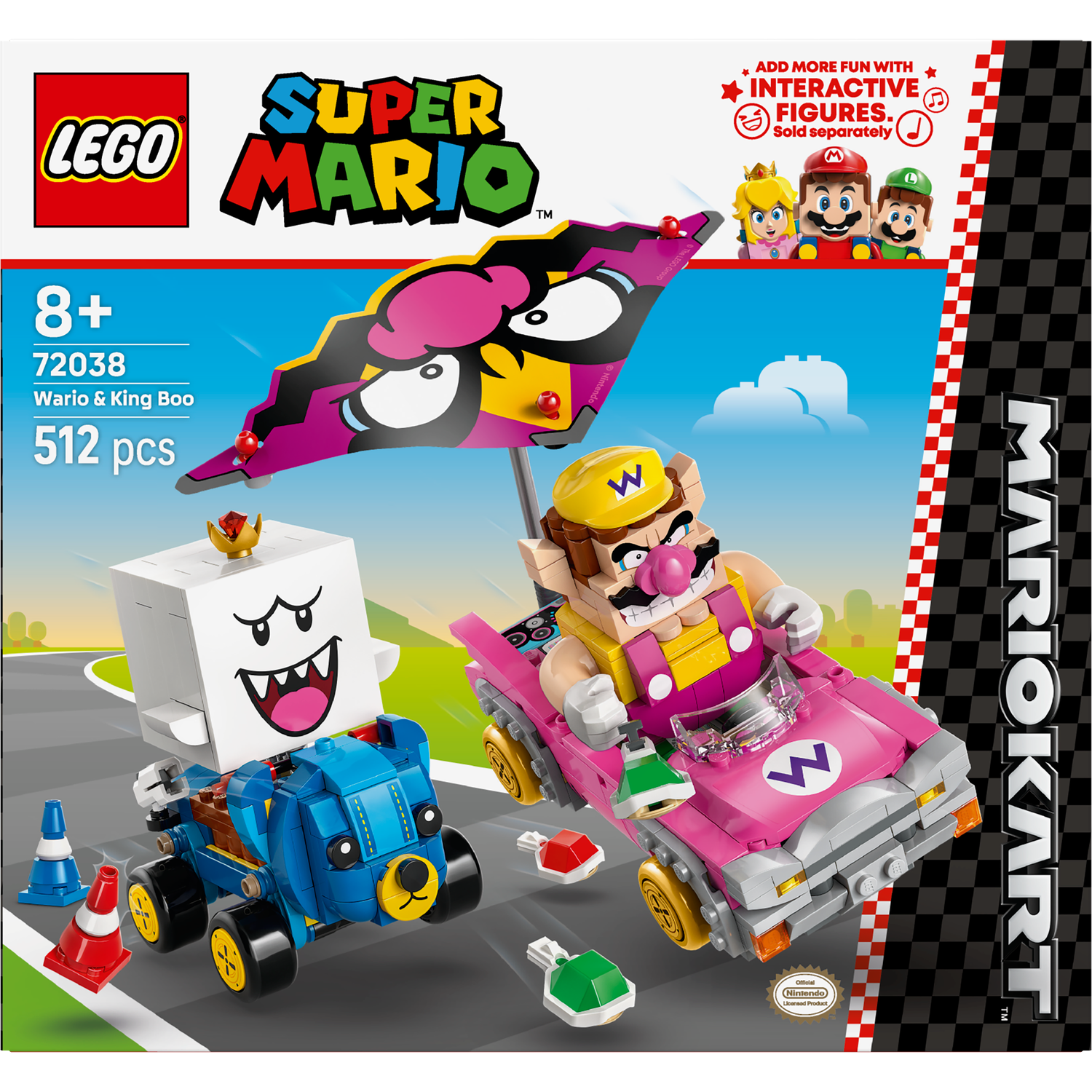 Lego Super Mario set. Includes Wario in a pink kart, a blue bear kart, King Boo, and road elements. The box has the Mario Kart logo.