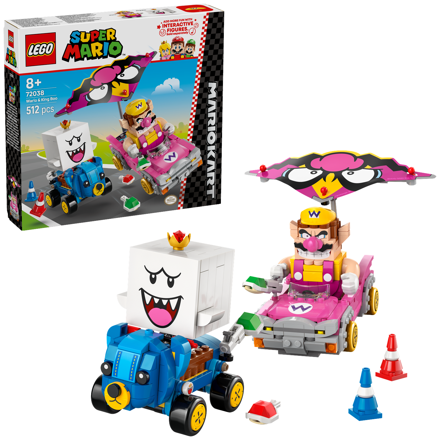 Lego Super Mario set. Features Wario and King Boo in karts. Includes a box with details and the Mario Kart logo.