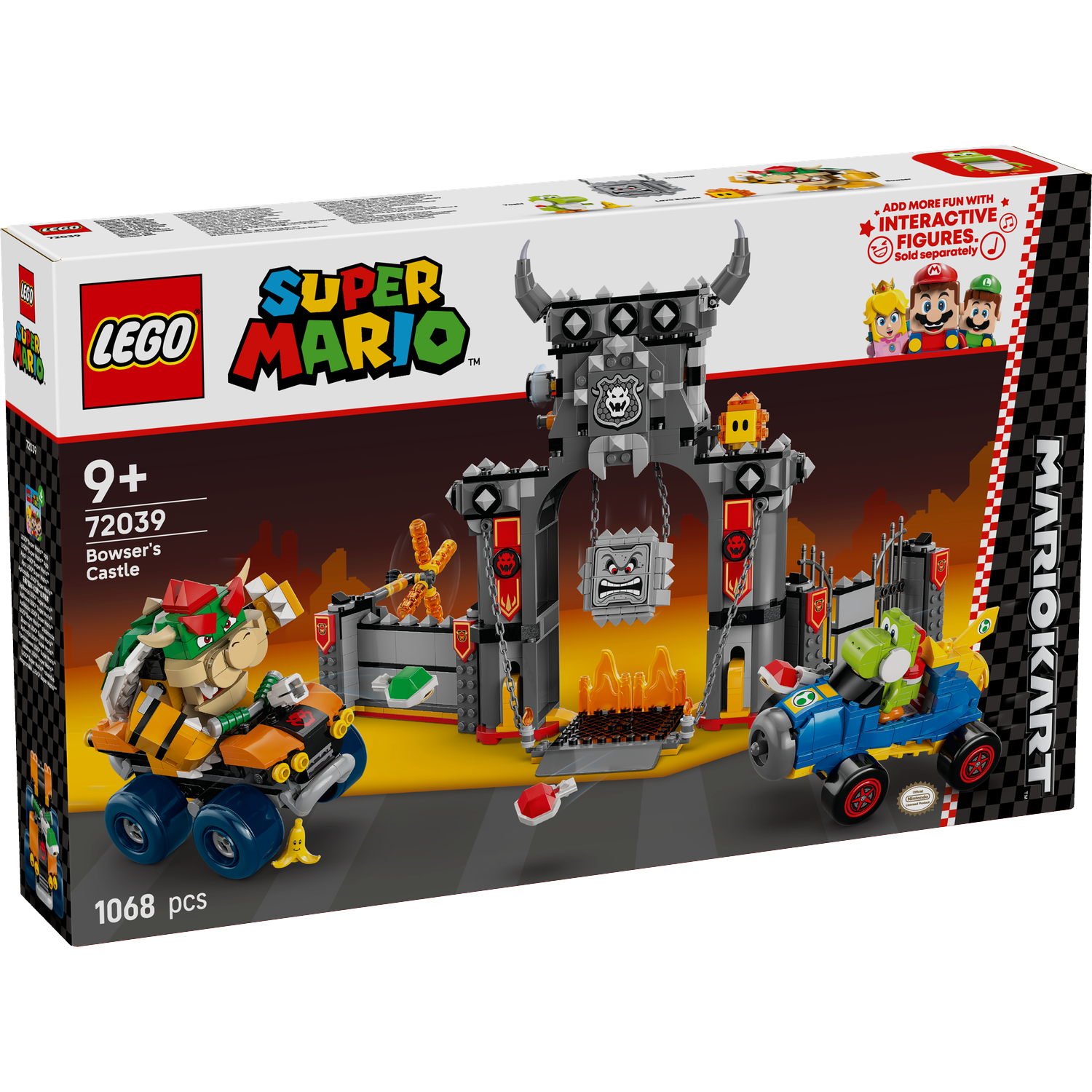 Lego Super Mario Bowser's Castle set. Features Bowser and Yoshi karts, castle, and Mario Kart branding. Includes 1068 pieces.