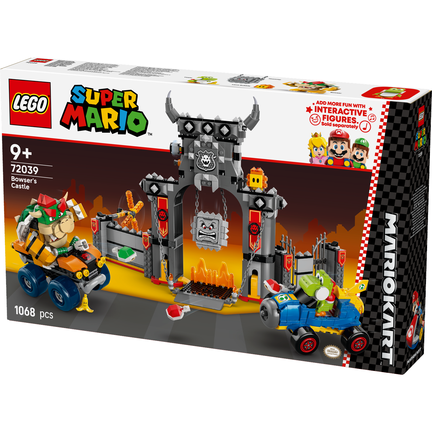 Lego Super Mario Bowser's Castle set. Bowser and Yoshi toy cars race. The castle is gray and has flames at the entrance.