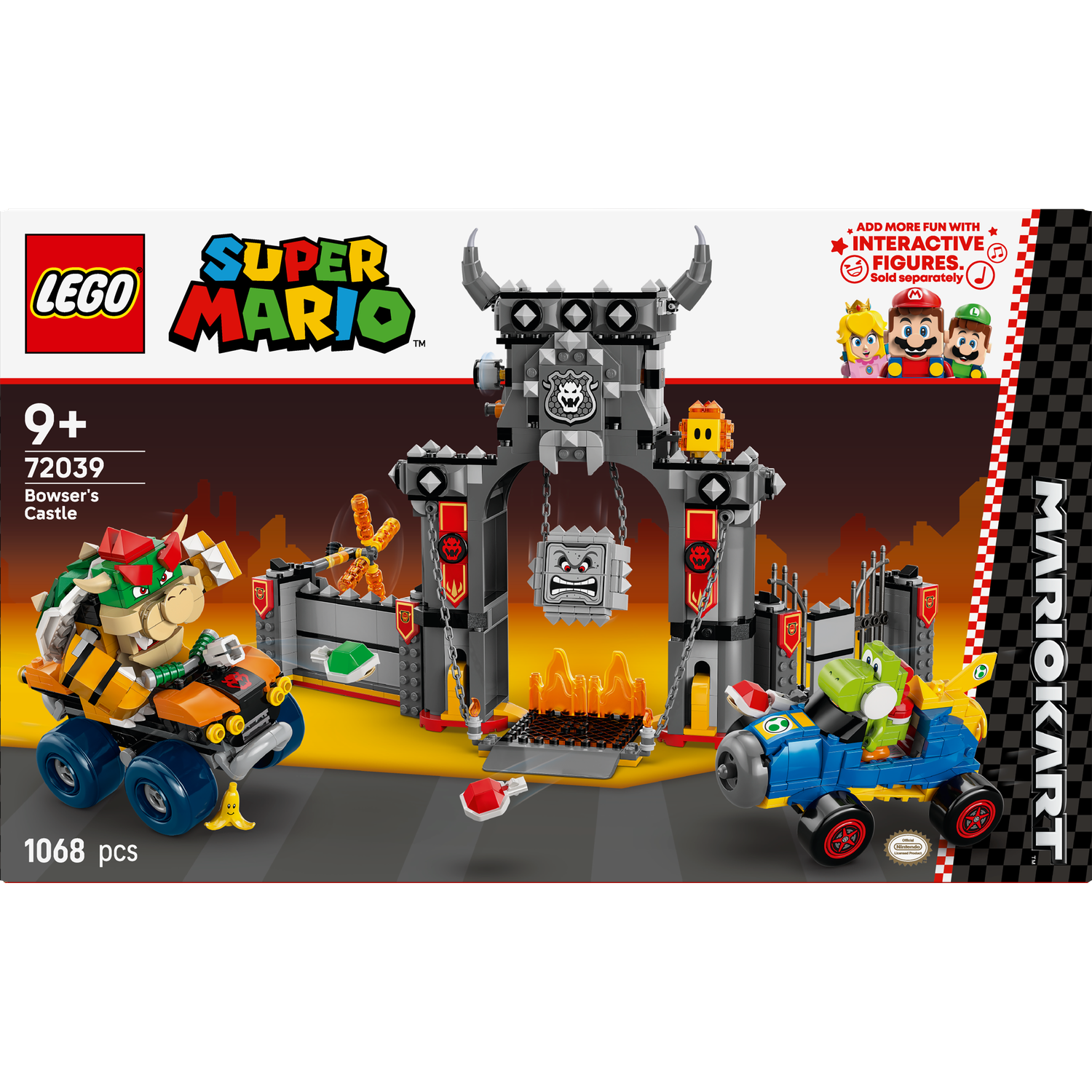 Lego Super Mario set. Bowser's Castle with figures and karts. Includes Bowser and Yoshi, along with a Mario Kart logo.