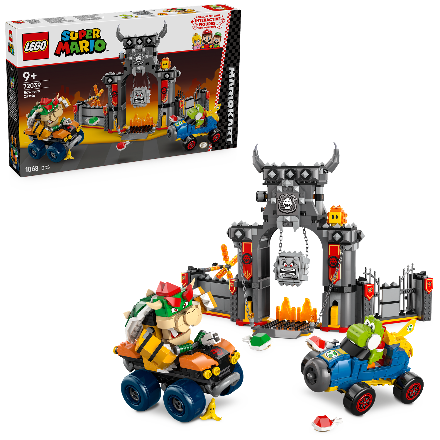 Lego Super Mario set. Bowser and Yoshi in karts race through Bowser's castle. Box shows the set with characters and castle.