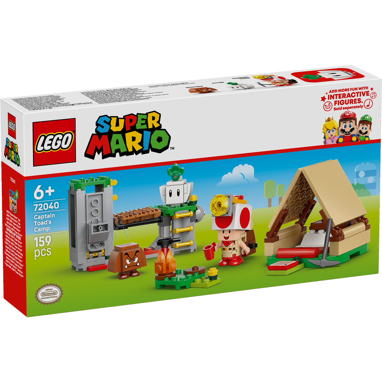 LEGO Super Mario Captain Toad's Camp set. Includes figures, tent, and various structures on a green background. Box art.
