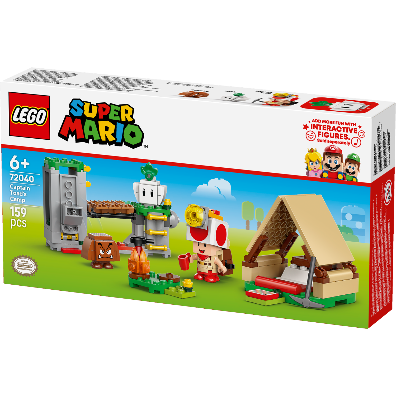 Lego Super Mario Captain Toad's Camp set. It features figures of Toad, Goomba, a camp with a tent, and various building elements.
