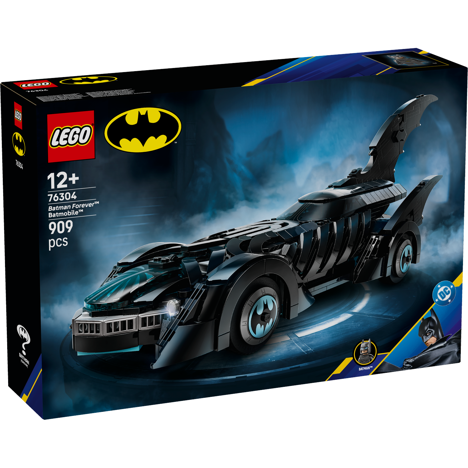 Box art of a Lego Batman Batmobile set. Black car, Batman logo, and text. The background is a blue smoky scene.