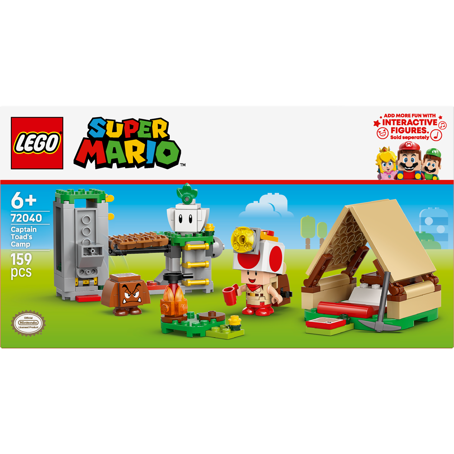 Lego Super Mario set. Includes Captain Toad, tent, camp fire, Goomba, and a structure. Green grass background with blue sky.
