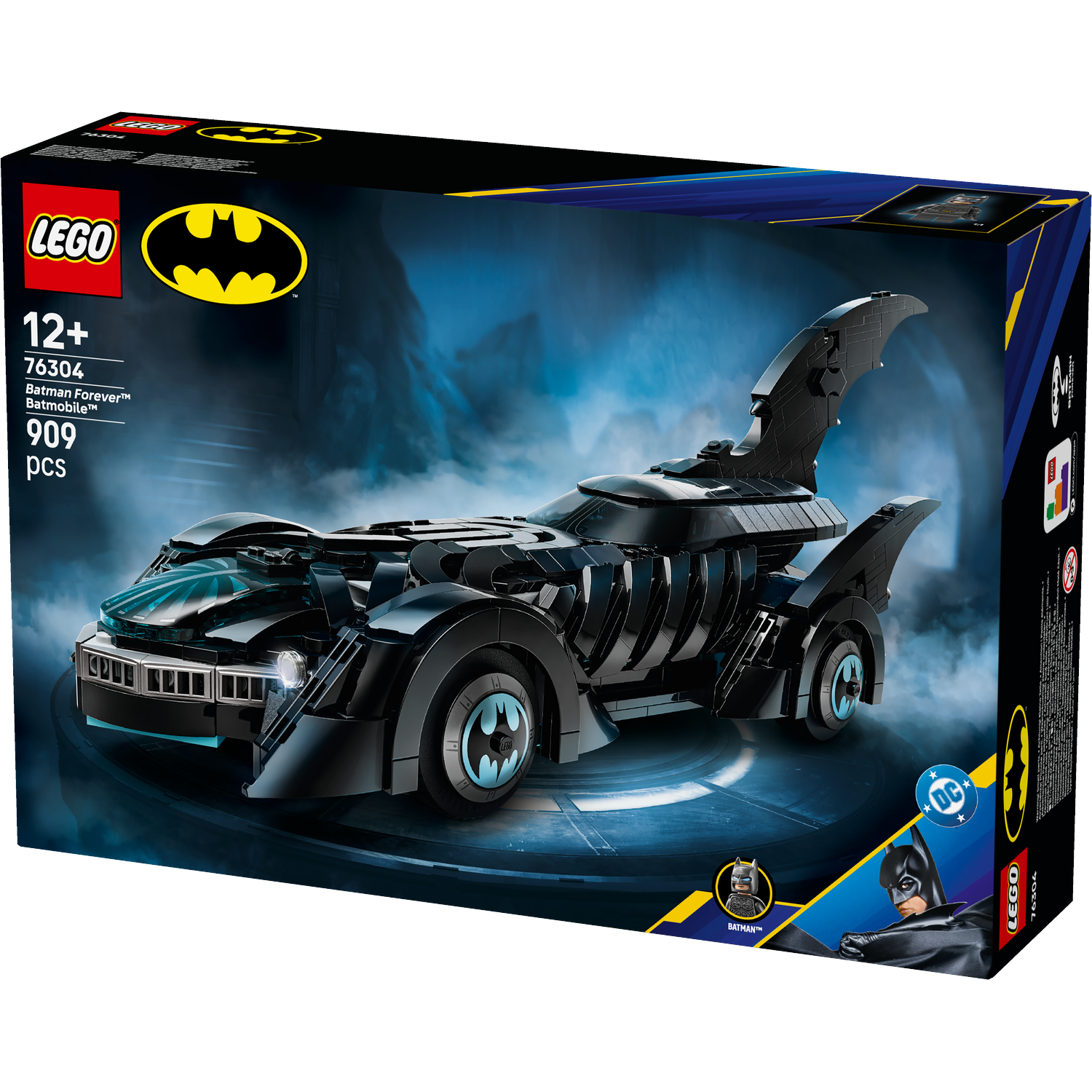 A Lego box set featuring the Batmobile. The box shows the black car with blue accents. The box has Lego and Batman logos.