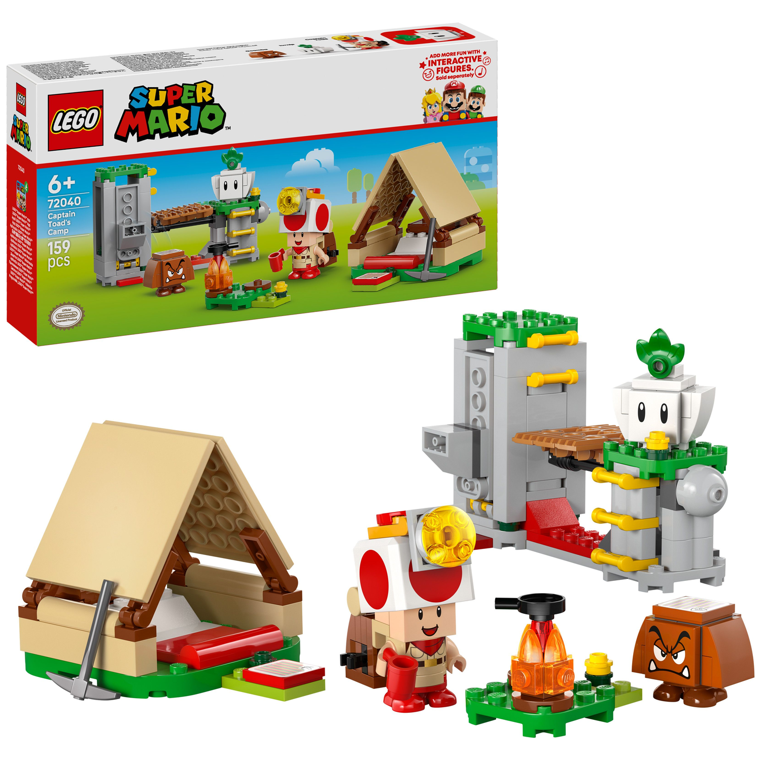Lego Super Mario set. Includes figures of Captain Toad and Goomba, a tent, a campfire, and a structure. Set is on a green base.