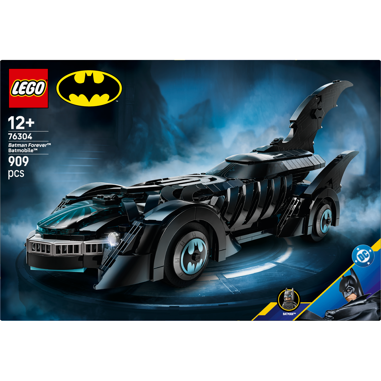 A Lego set of the Batmobile from Batman Forever. The black car features large fins, the Batman logo, and the Lego and DC logos.