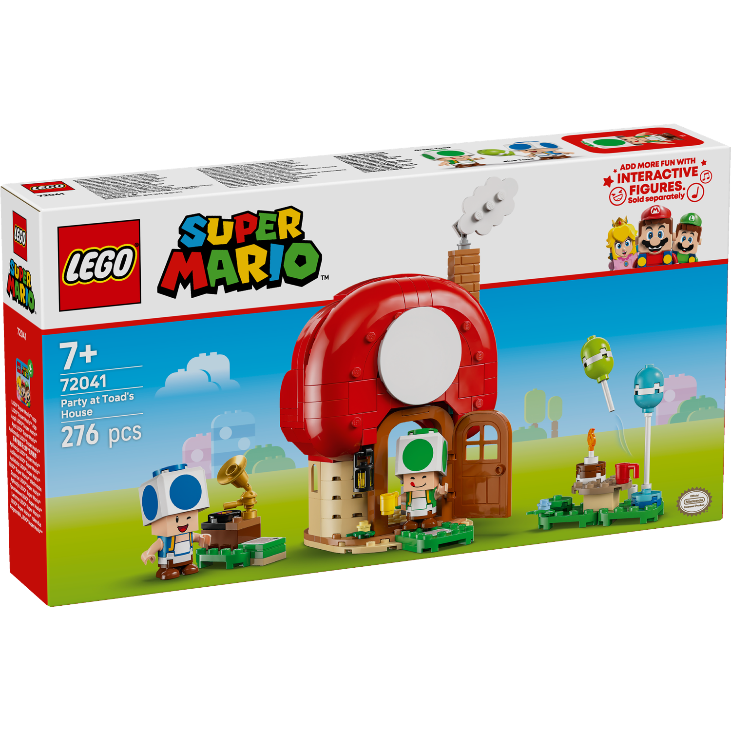 Lego Super Mario set. Box shows Toad's house with figures, mushroom house, and accessories, including balloons and cake.