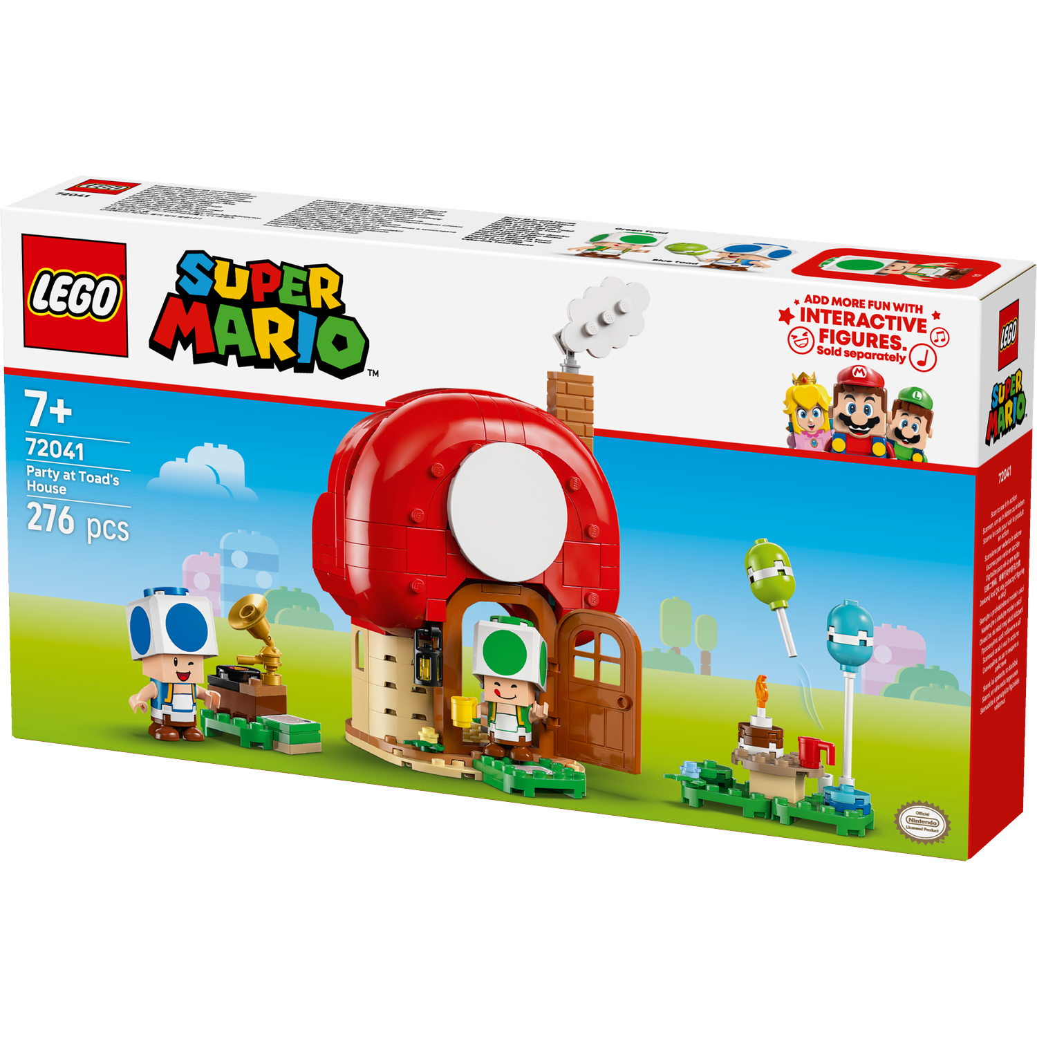 Lego Super Mario set. Red mushroom house with figures and a cake. Green grass with balloons and a gramophone.