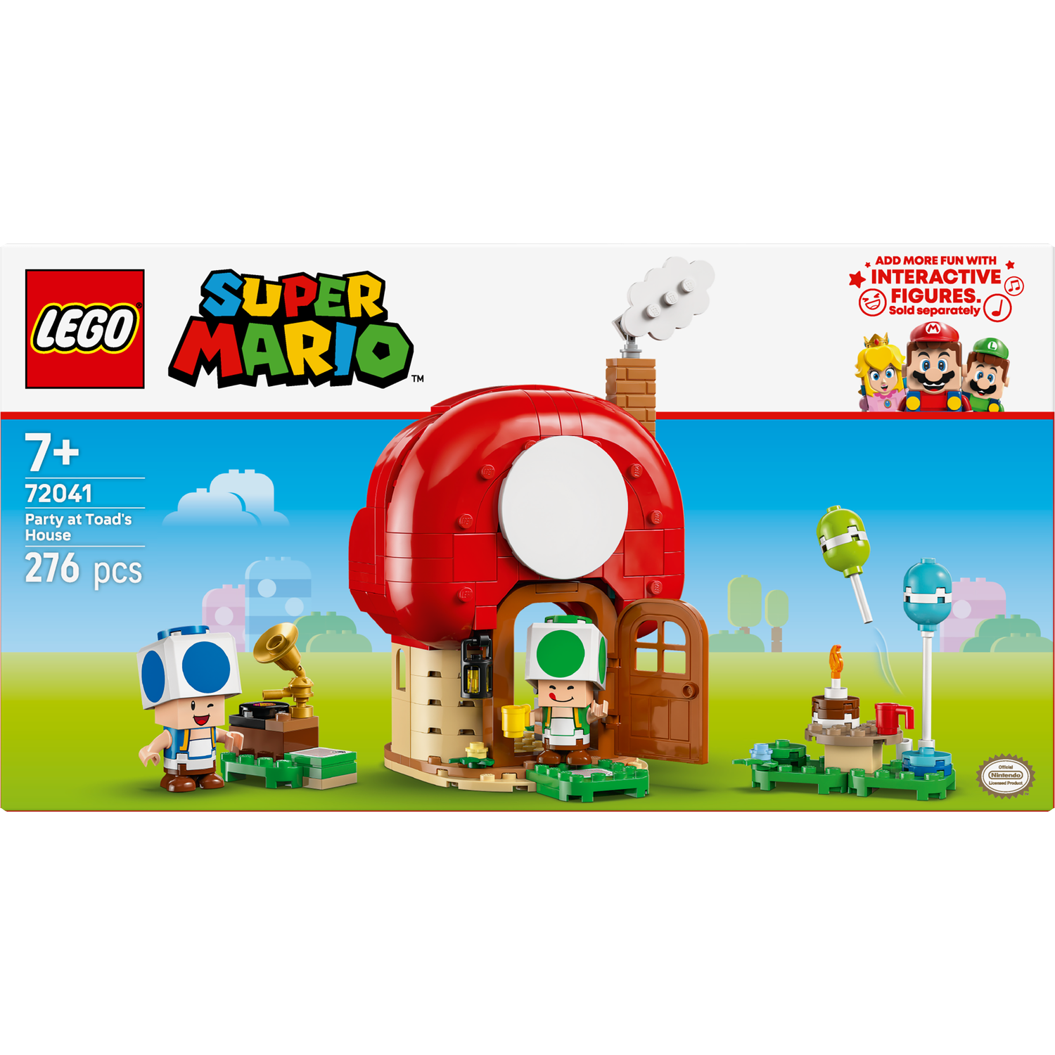 Lego Super Mario set. Toad's house is red and white. Includes Toad figures, cake, and a record player. Green grass and blue sky.