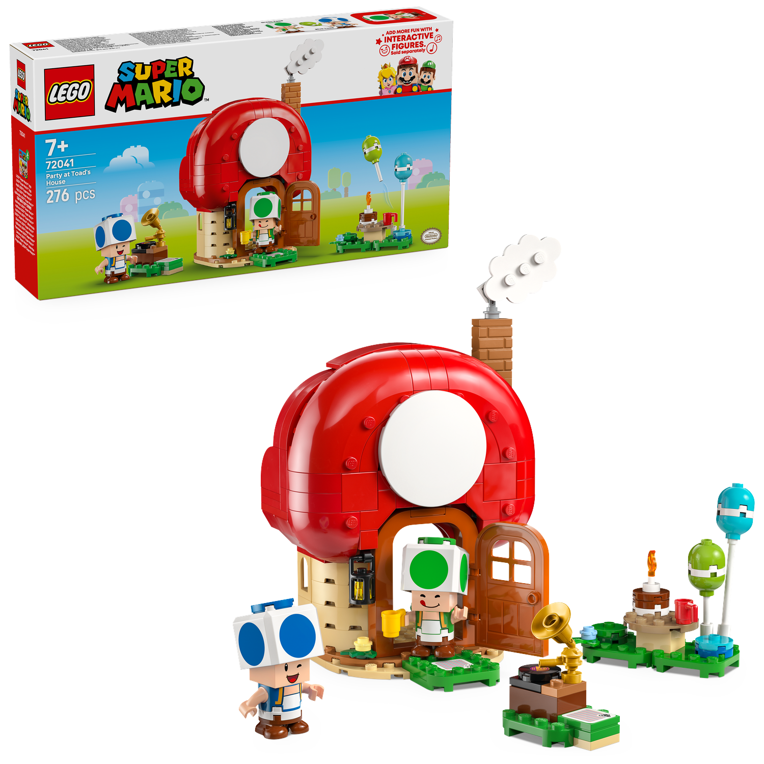 Lego Super Mario set. A red mushroom house with figures and accessories. Box shows the set. Figures include toad characters.