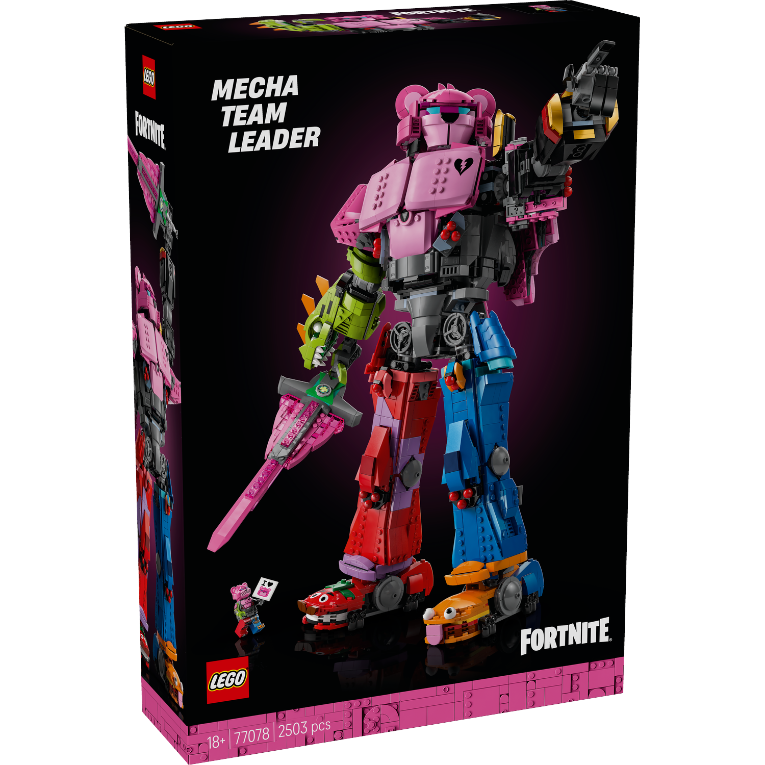 Lego Fortnite setdoos. Er is een kleurrijke mech-robot te zien, met een klein personage dat een bord vasthoudt. De doos is zwart met roze accenten.