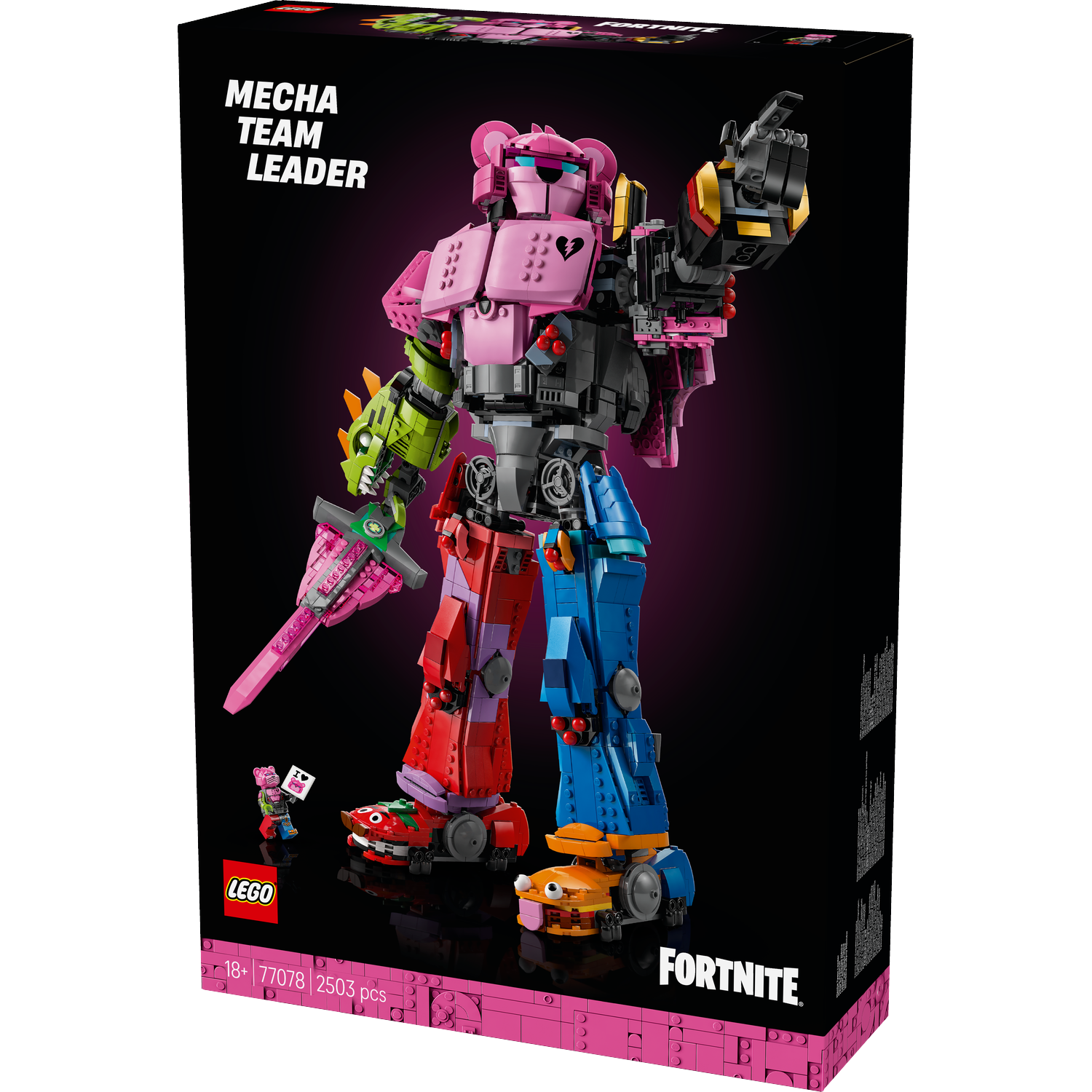 Lego set doos. Een kleurrijke mech in roze, rood, blauw, groen en zwart. Een klein figuur houdt een kaart vast. Fortnite en Lego logo's zijn zichtbaar.