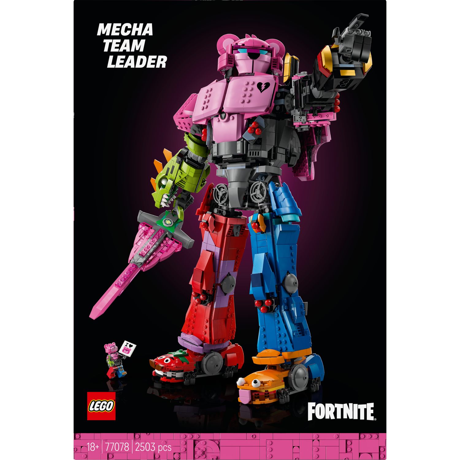 Een Lego-set van een roze berenrobot met een zwaard. De set is gelabeld 'Mecha Team Leader' en 'Fortnite'.