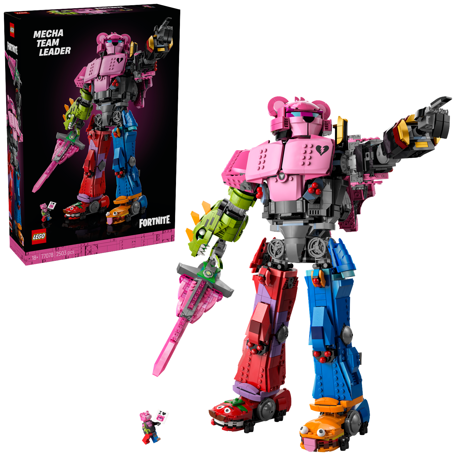 Een Lego Fortnite Mecha Team Leader set. De robot is roze, zwart, groen, rood, blauw en oranje. Hij houdt een zwaard vast.
