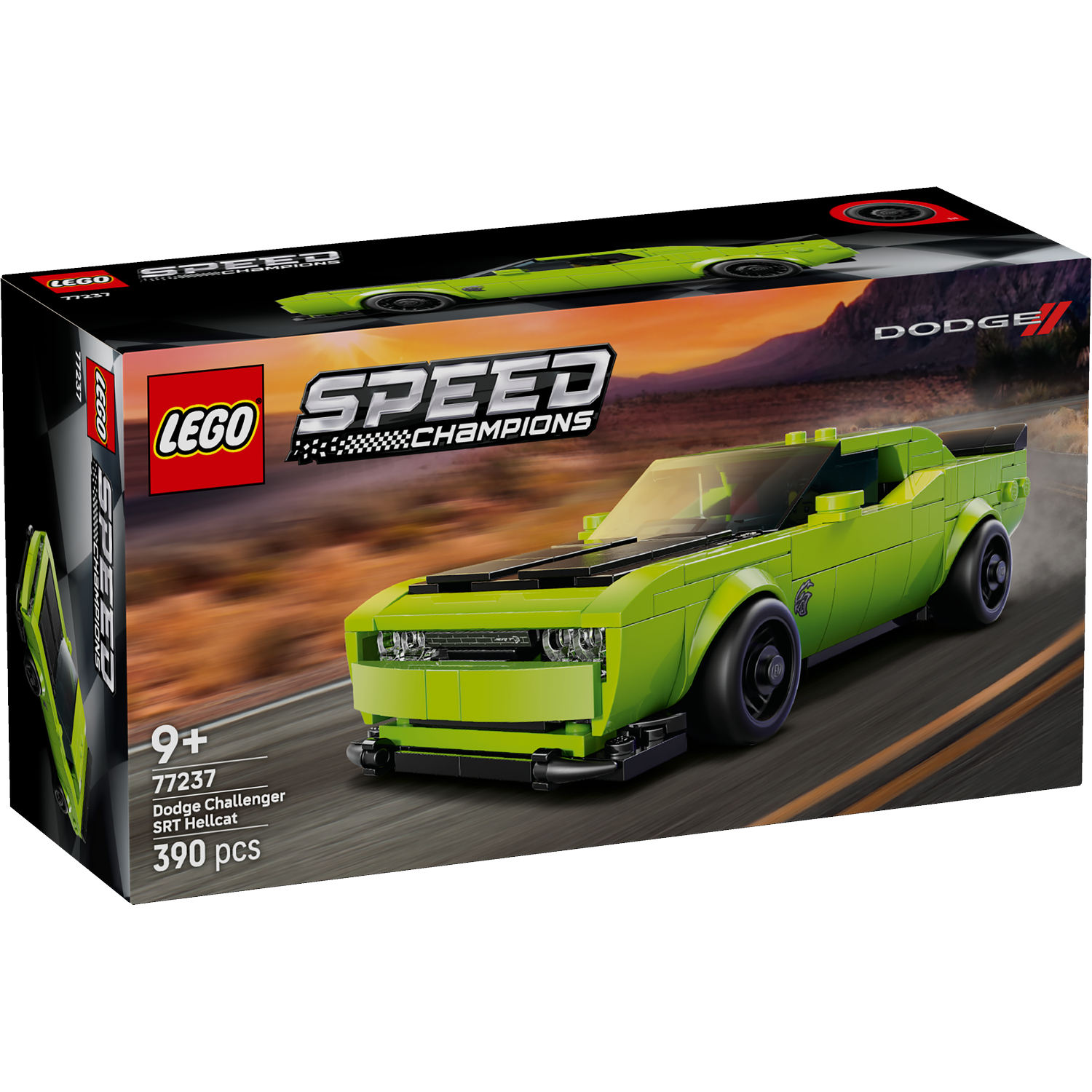 Een Lego Speed Champions setdoos. De set is van een groene Dodge Challenger SRT Hellcat op een weg. De doos toont ook een vergelijkbare auto.