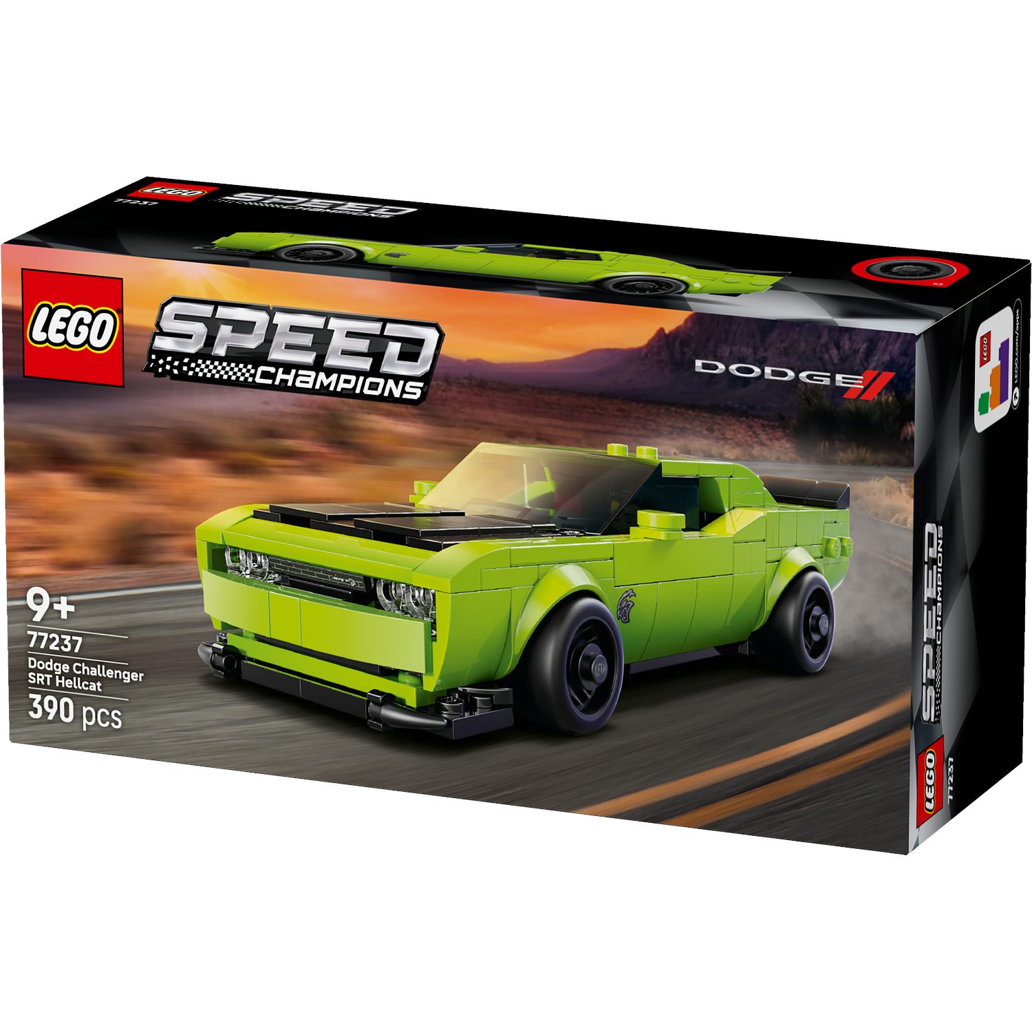 Een Lego Speed Champions doos met een groene Dodge Challenger SRT Hellcat. De achtergrond toont een weg en een zonsondergang.