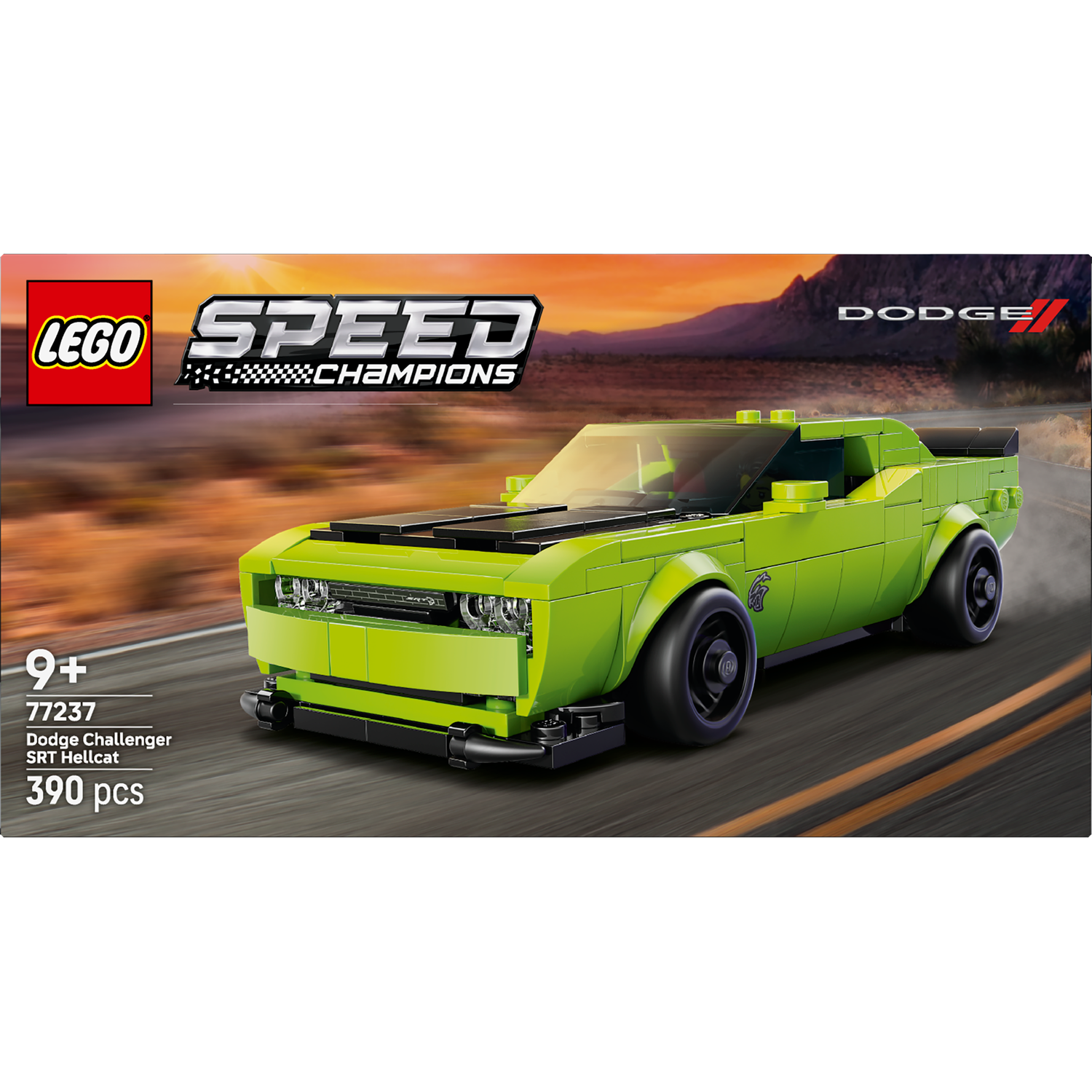 Een Lego Speed Champions set van een groene Dodge Challenger SRT Hellcat op een weg. De set is voor kinderen van 9+ en heeft 390 stuks.