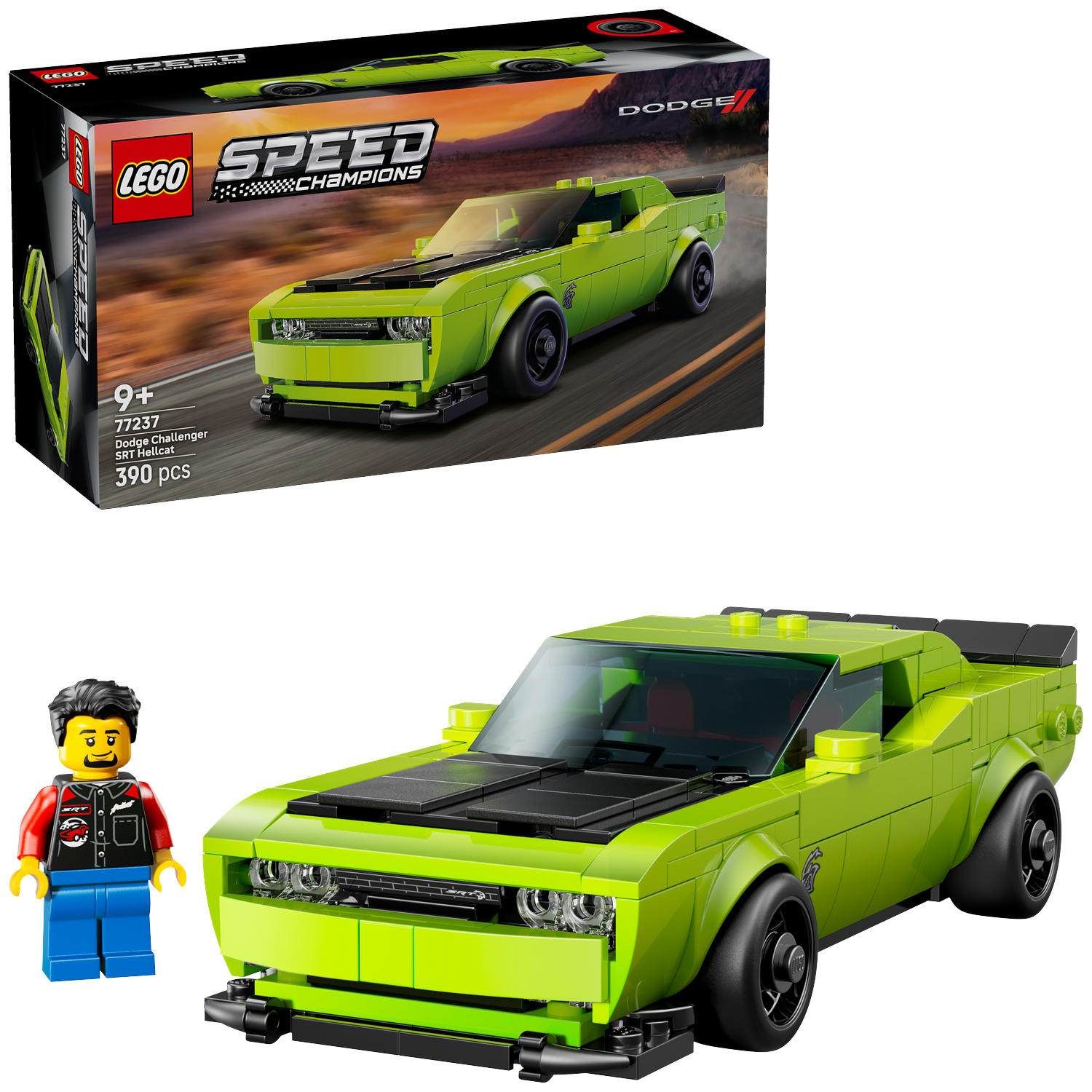 Een Lego Speed Champions set met een groene Dodge Challenger SRT Hellcat, een minifiguur en de doos.