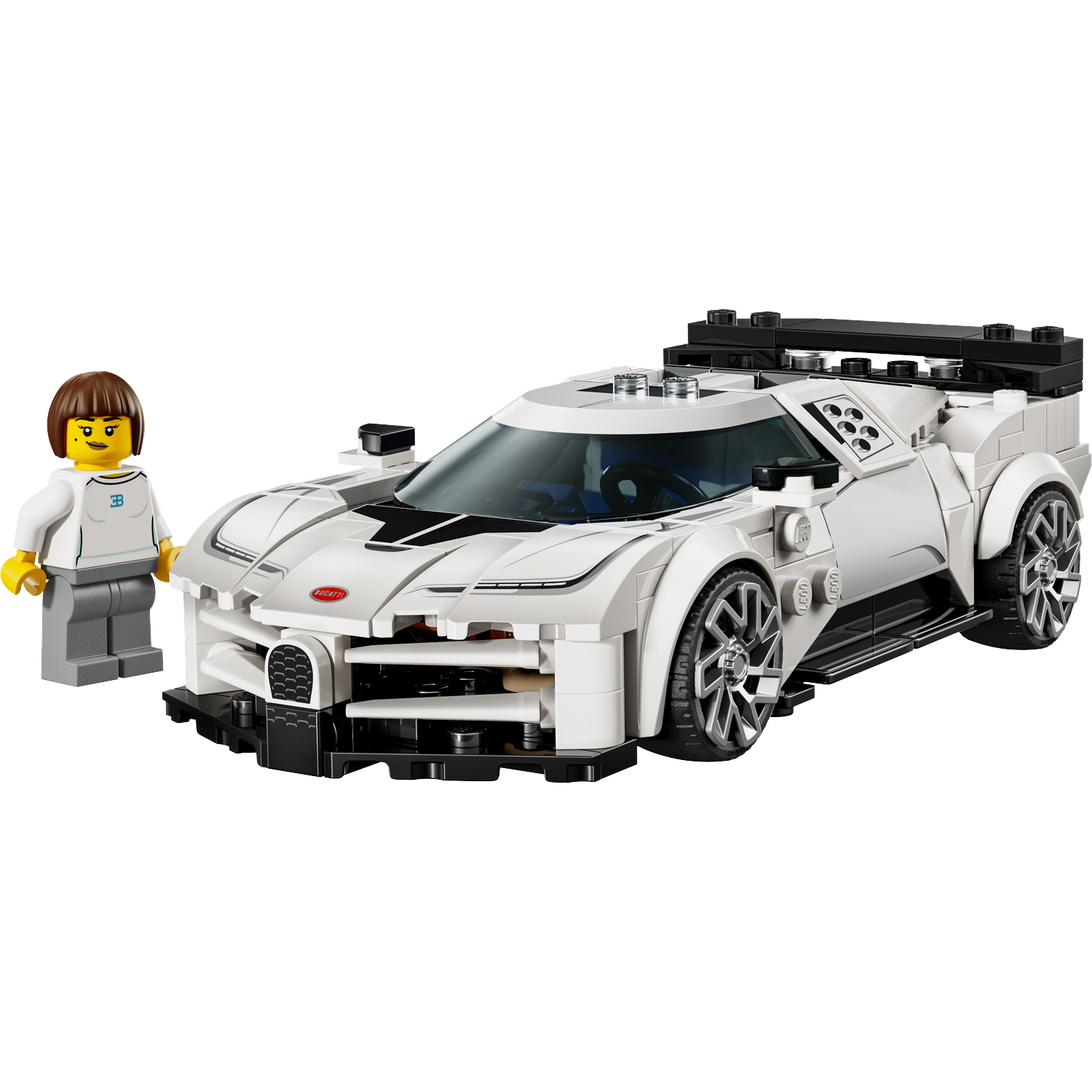 Een witte Lego Bugatti-auto met een zwarte streep, en een Lego-figuur met een wit shirt en een grijze broek.