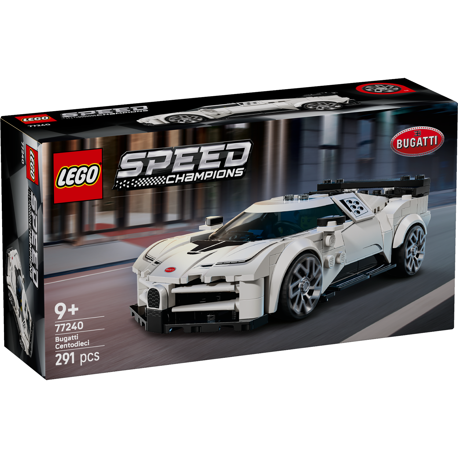Een Lego Speed Champions doos met een witte Bugatti Centodieci. De doos toont het automodel en het Lego-logo.