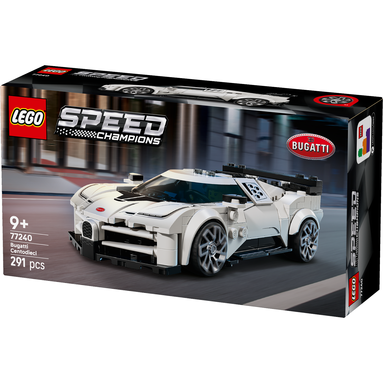 Een Lego Speed Champions doos met een witte Bugatti Centodieci. De doos toont de auto tegen een vage stadsachtergrond.