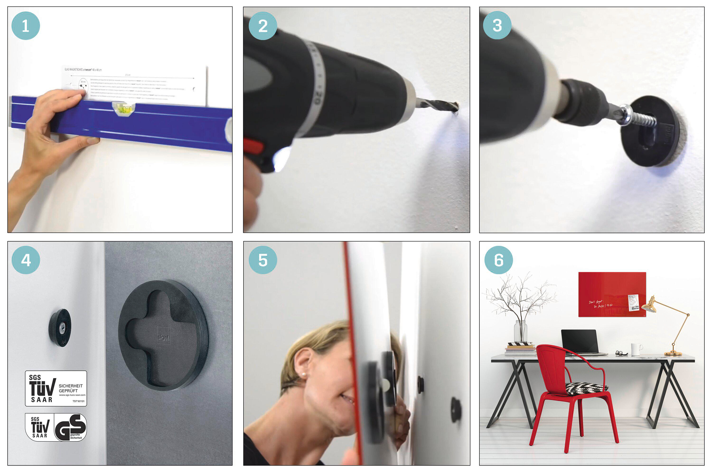 Sequenz zum Anbringen einer Glas-Whiteboard-Tafel. Werkzeuge: Wasserwaage, Bohrer und Schrauben. Eine Frau lächelt beim Ausrichten.