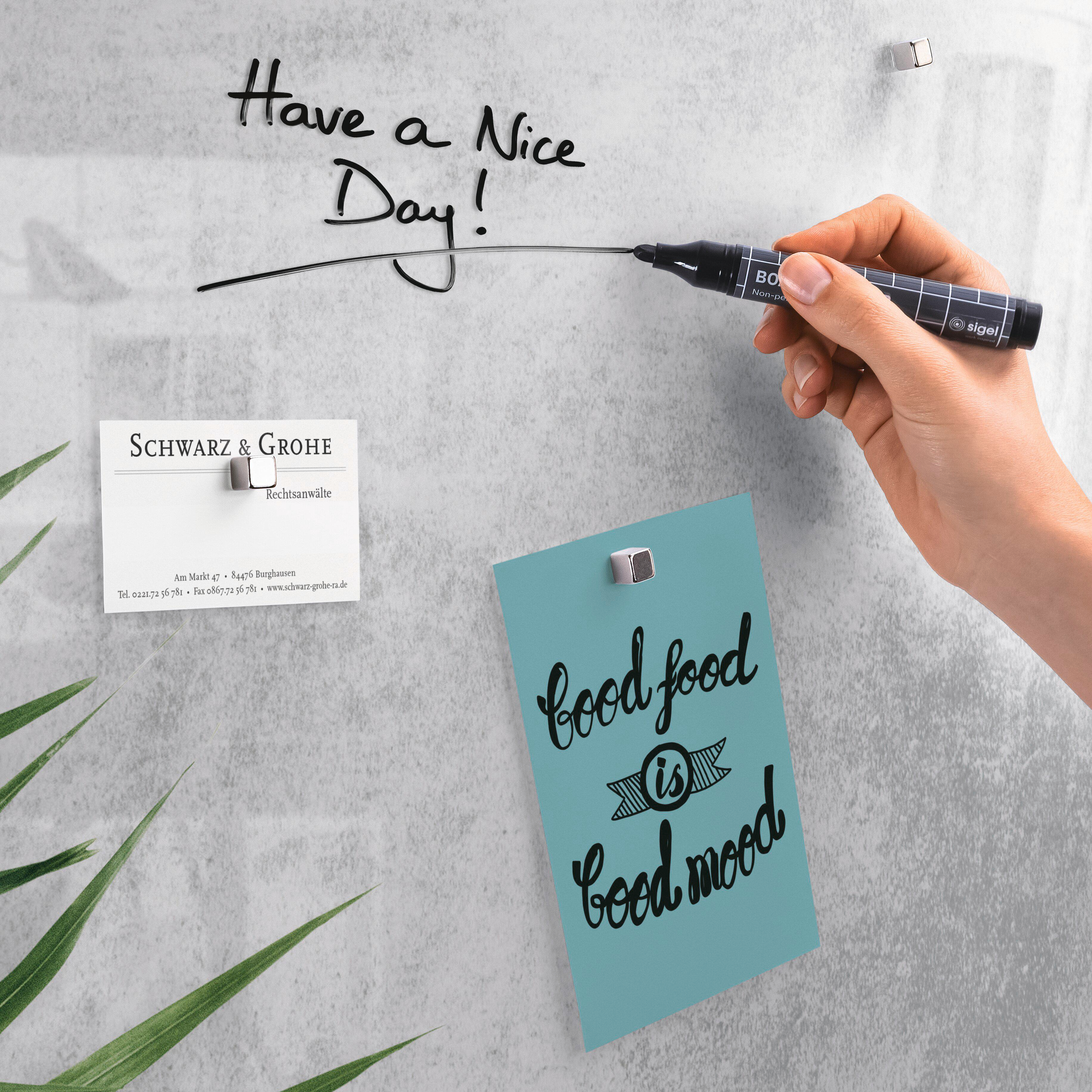 Hand schreibt "Have a Nice Day" mit einem schwarzen Marker. Es gibt Notizen und eine Pflanze auf einer Tafel.