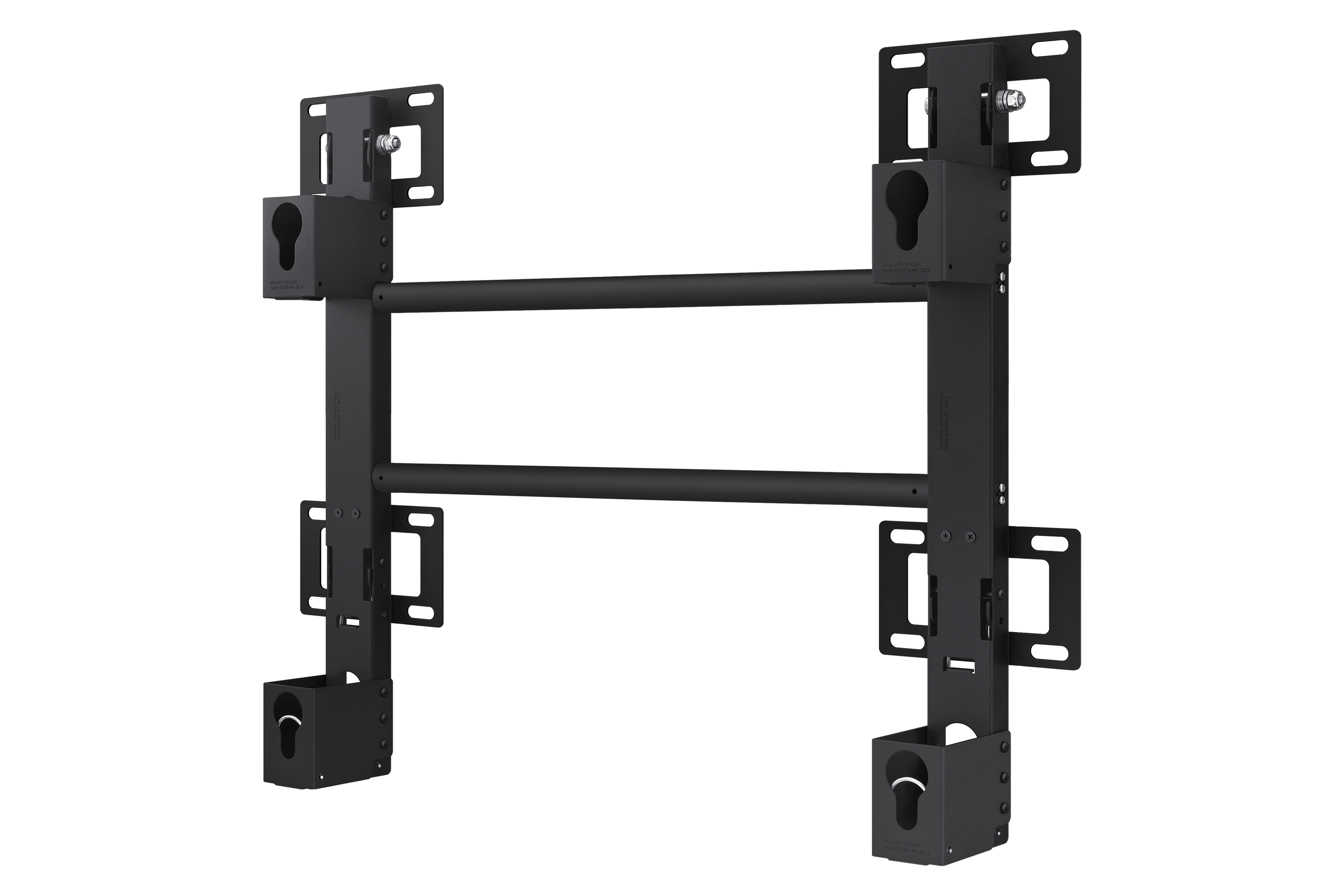 Czarny metalowy uchwyt ścienny do wyświetlacza. Ma wsporniki, pręty i otwory w kształcie dziurki od klucza.