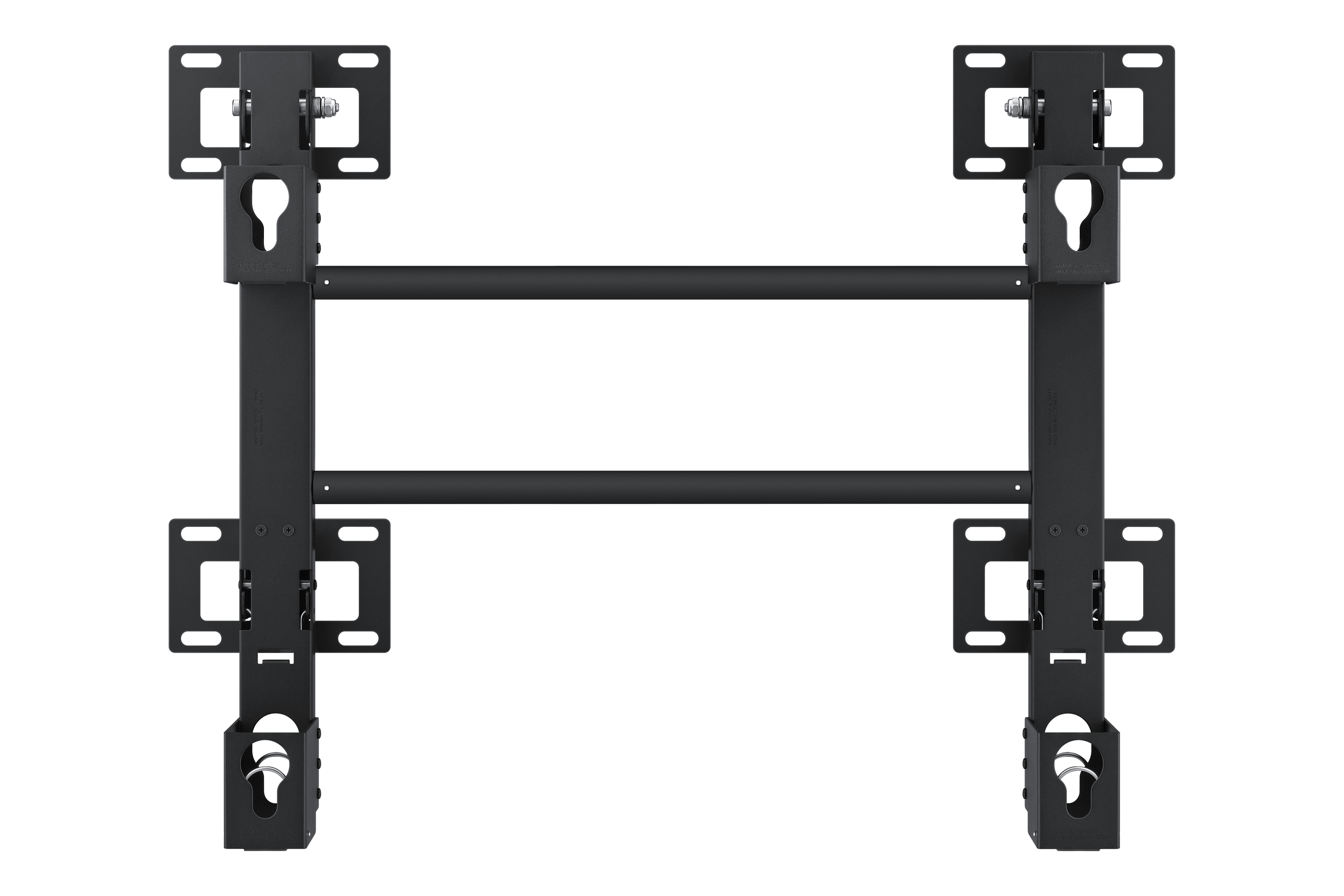 Czarny metalowy uchwyt TV, z poziomymi i pionowymi wspornikami, na czarnym tle. Zawiera wsporniki montażowe.