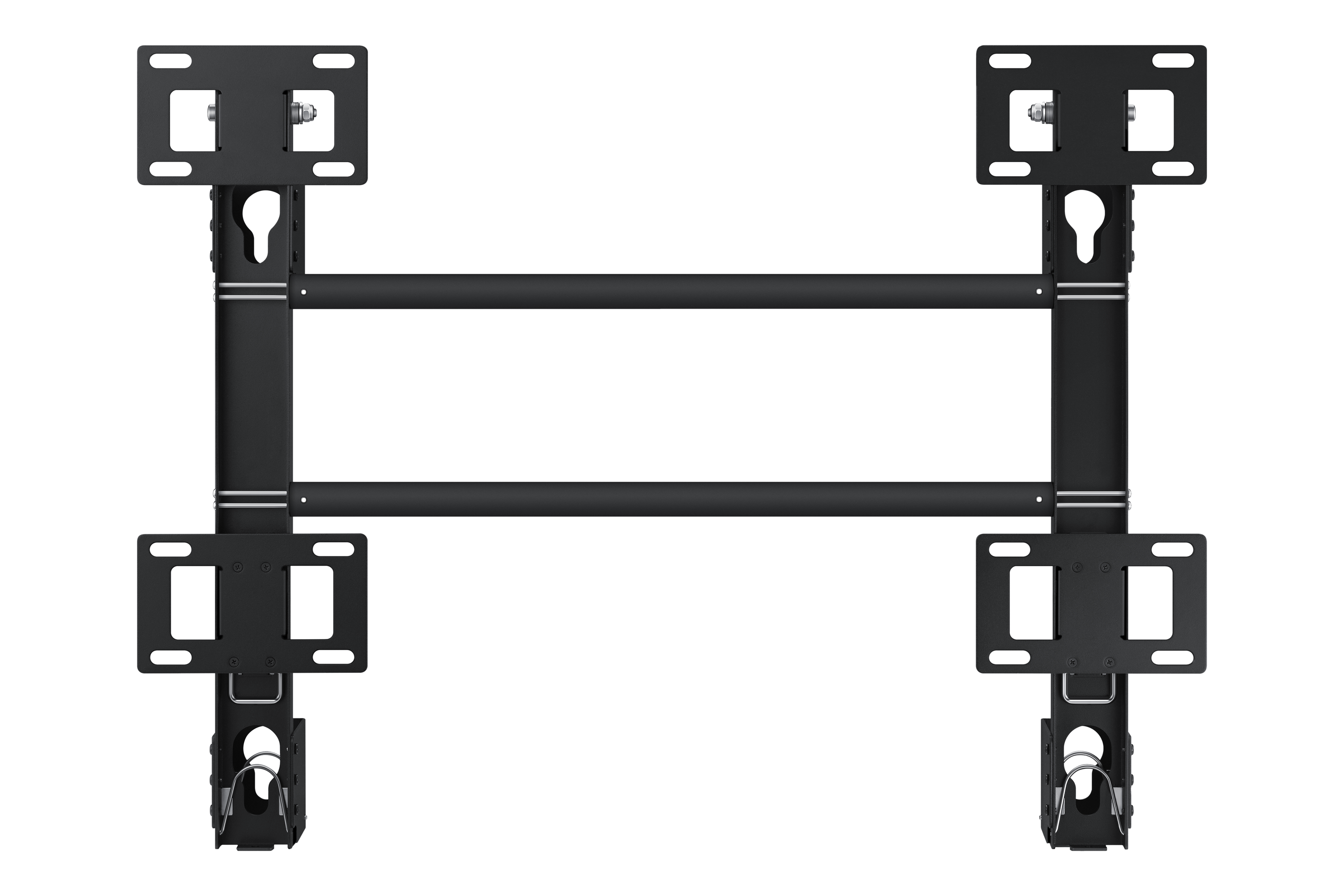 Czarny uchwyt ścienny do telewizora na czarnym tle. Posiada wsporniki i poziome pręty.