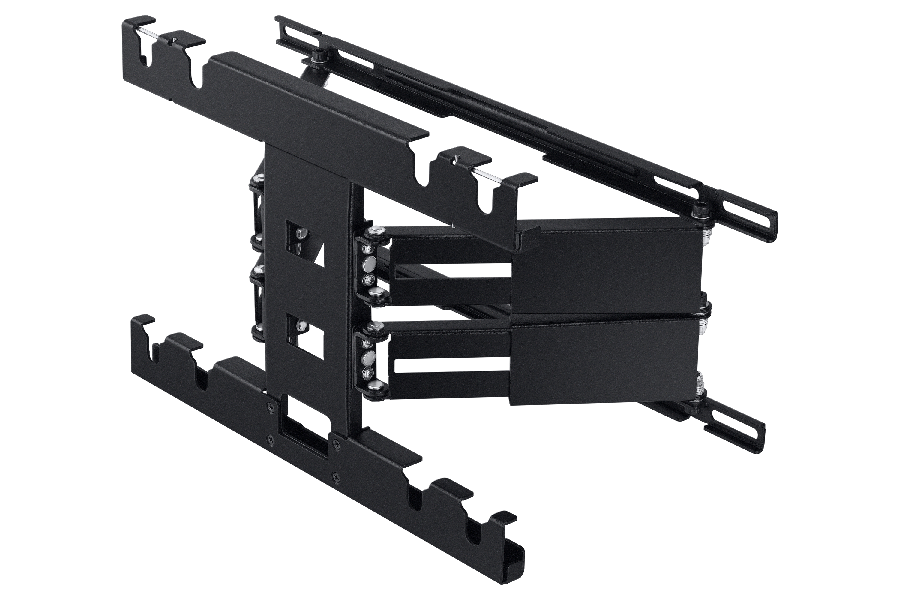 Czarny uchwyt ścienny do telewizora. Posiada wiele przegubowych ramion i wsporników.