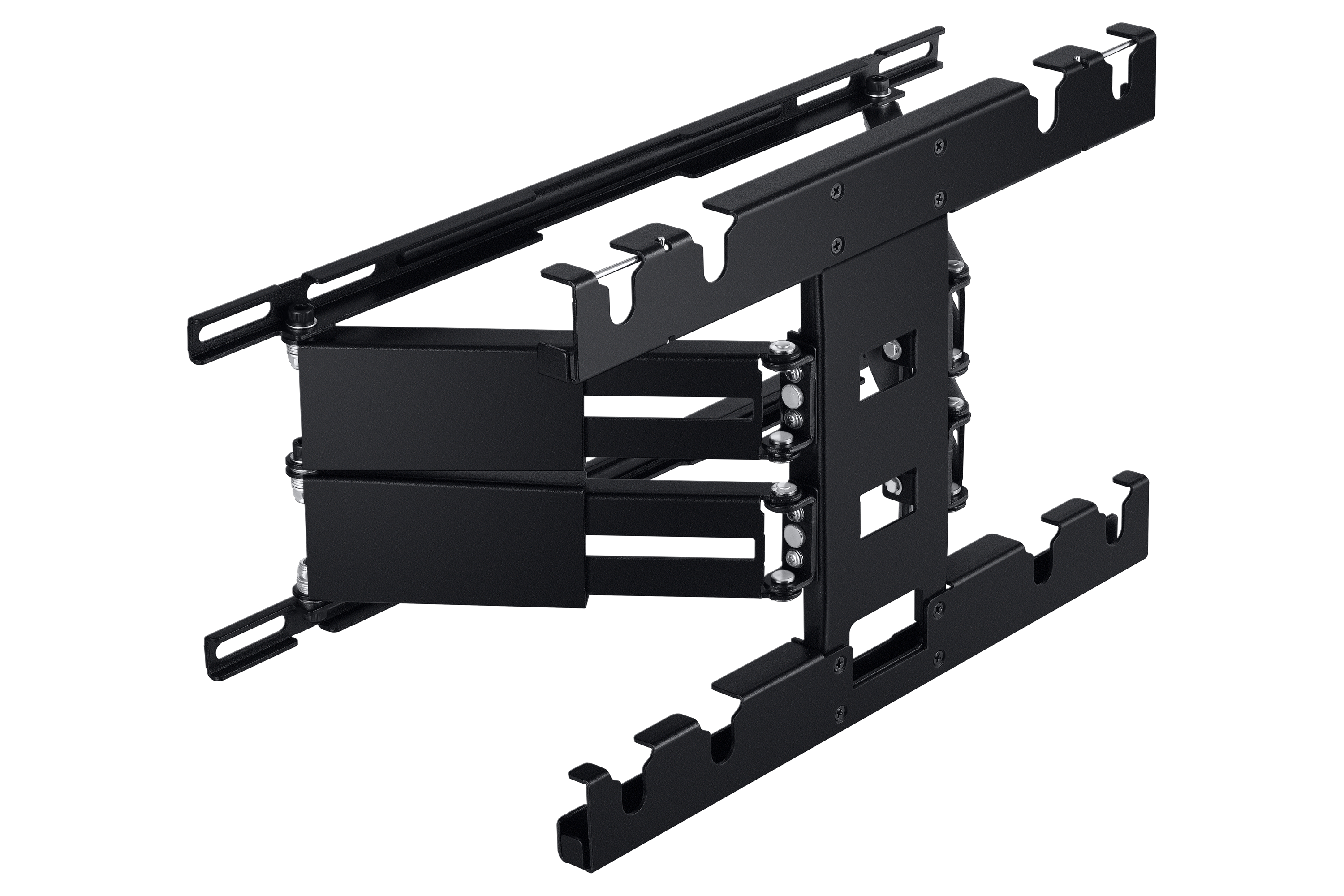 Czarny uchwyt ścienny do telewizora. Posiada wiele przegubowych ramion i punktów mocowania. Widoczne śruby i połączenia.