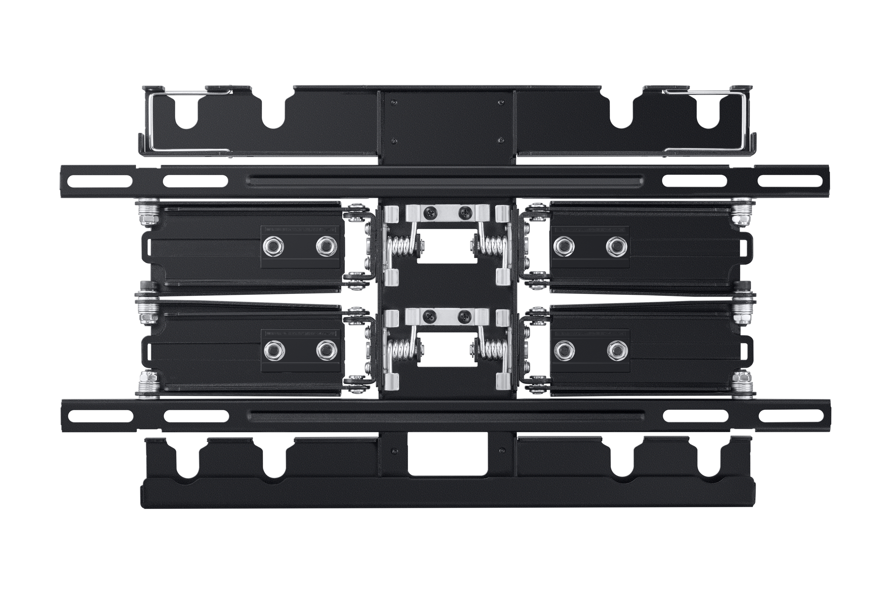 Czarny metalowy uchwyt do telewizora na czarnym tle. Ma wiele wsporników i śrub.