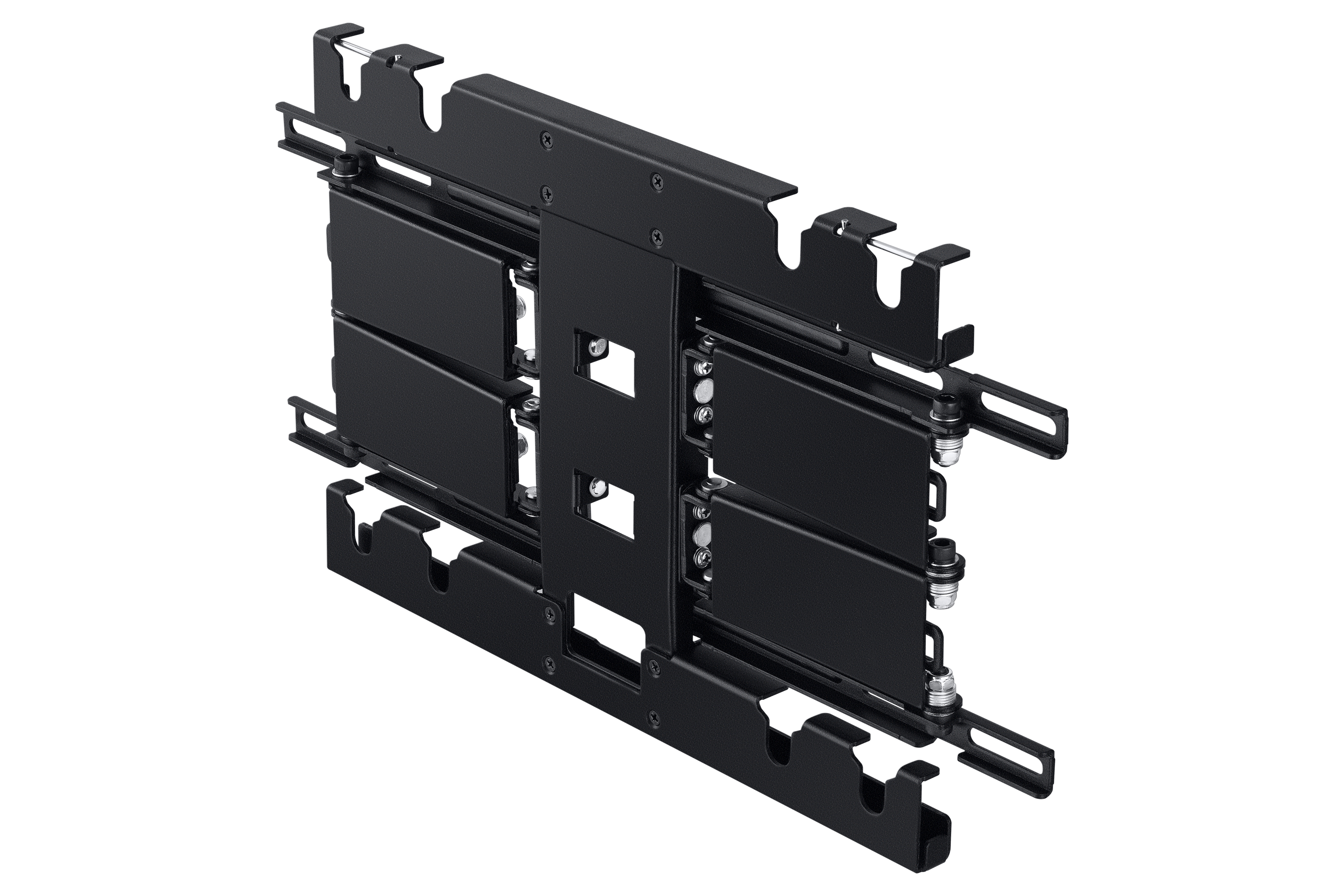 Czarny metalowy uchwyt ścienny do telewizora. Zawiera wiele wsporników i śrub, złożona konstrukcja.