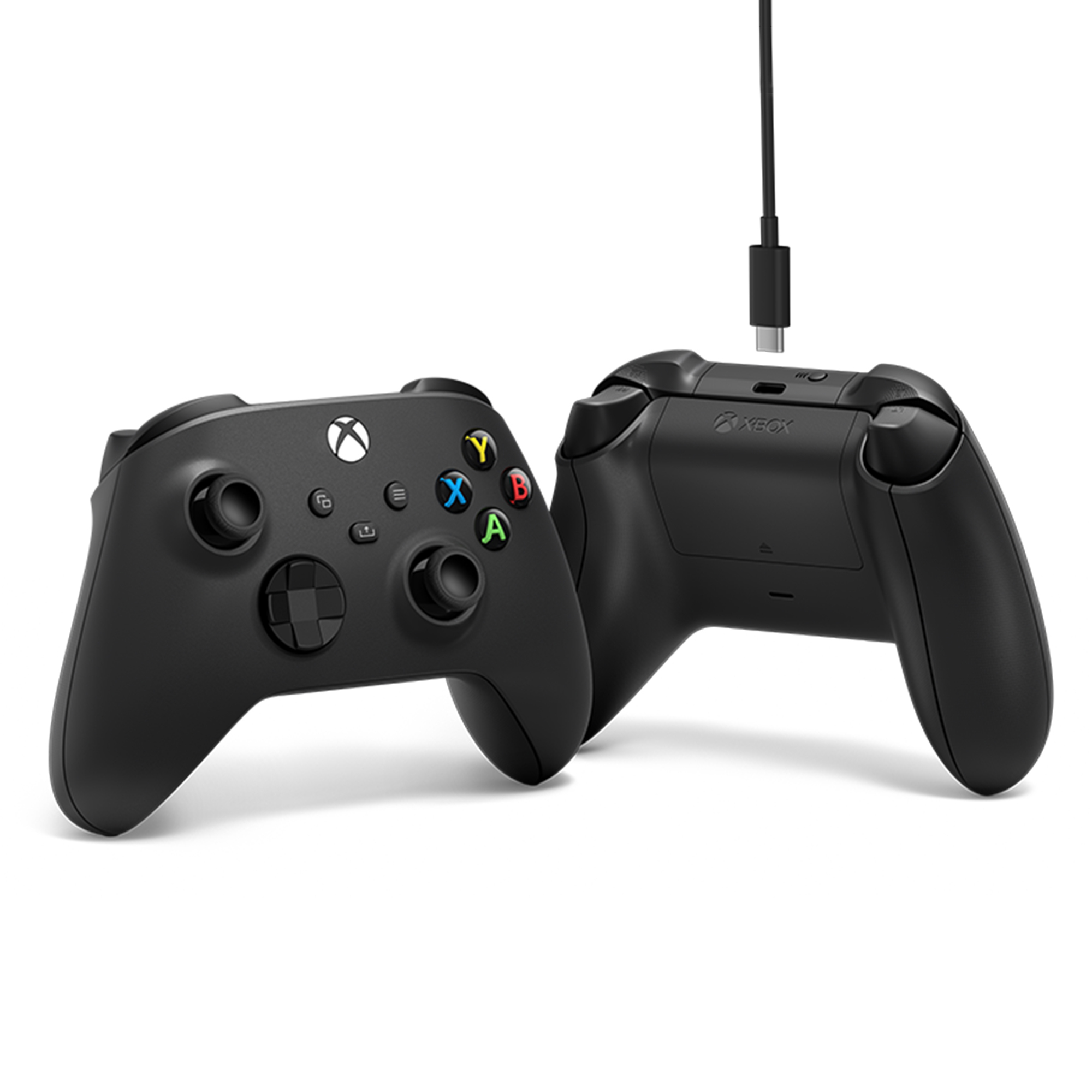 Mando inalámbrico Xbox Microsoft negro con Bluetooth y cable USB-C, vista frontal y trasera, agarre texturizado, botones ABXY y cruceta híbrida