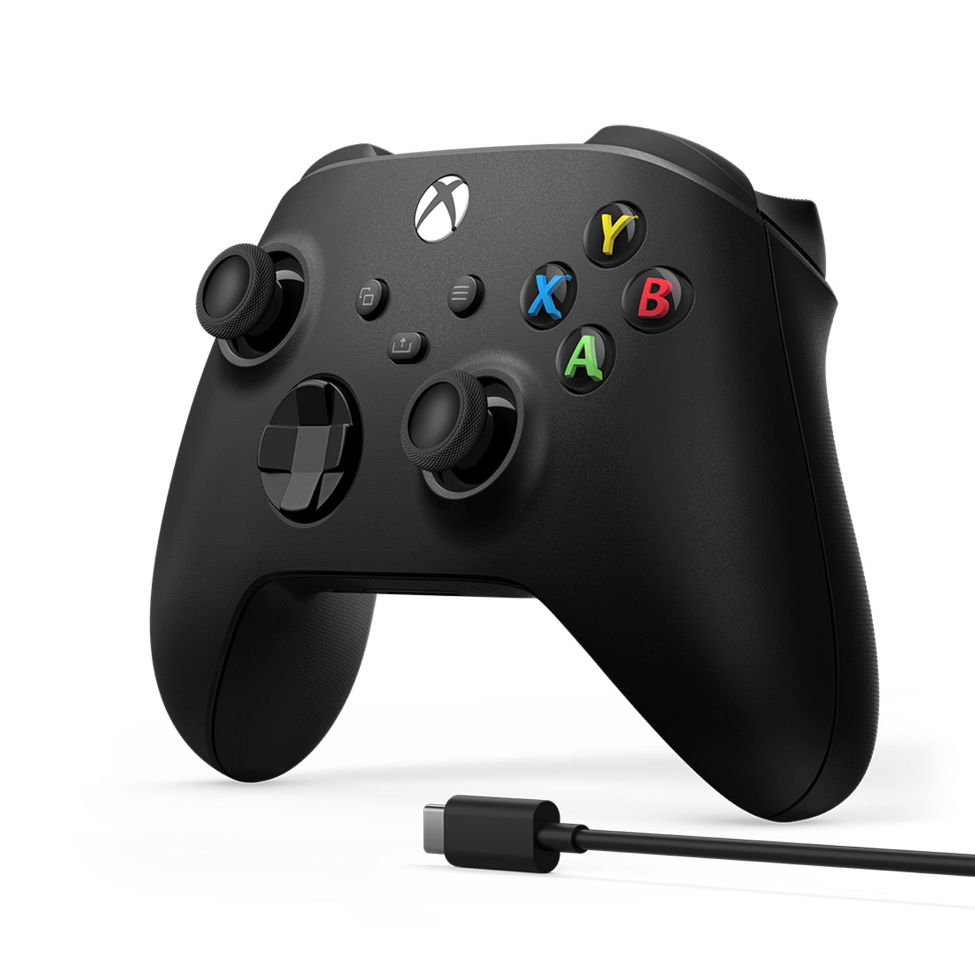 Mando Xbox Microsoft negro inalámbrico con Bluetooth y cable USB-C, vista angular, botones ABXY, cruceta híbrida y agarre texturizado