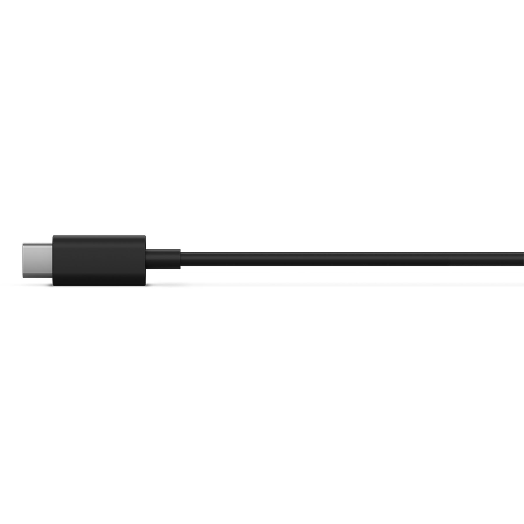 Un cable USB-C negro sobre un fondo blanco. El conector es plateado. El cable es recto y liso.