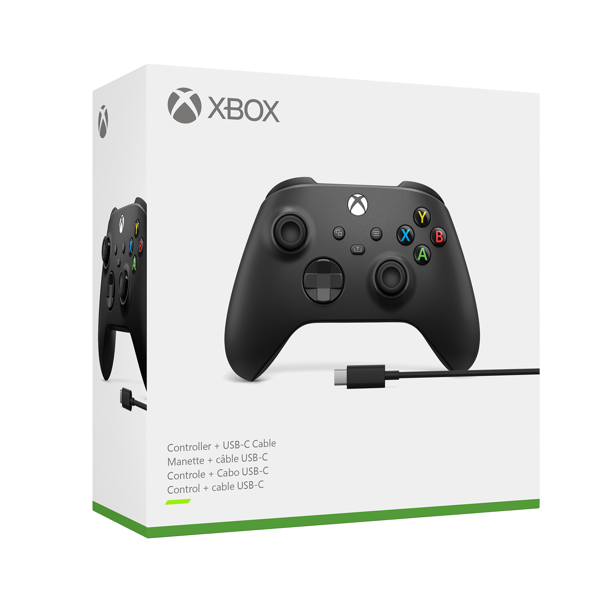 Mando Xbox en embalaje, mostrando el mando y un cable USB-C. La caja es blanca con el logotipo de Xbox.