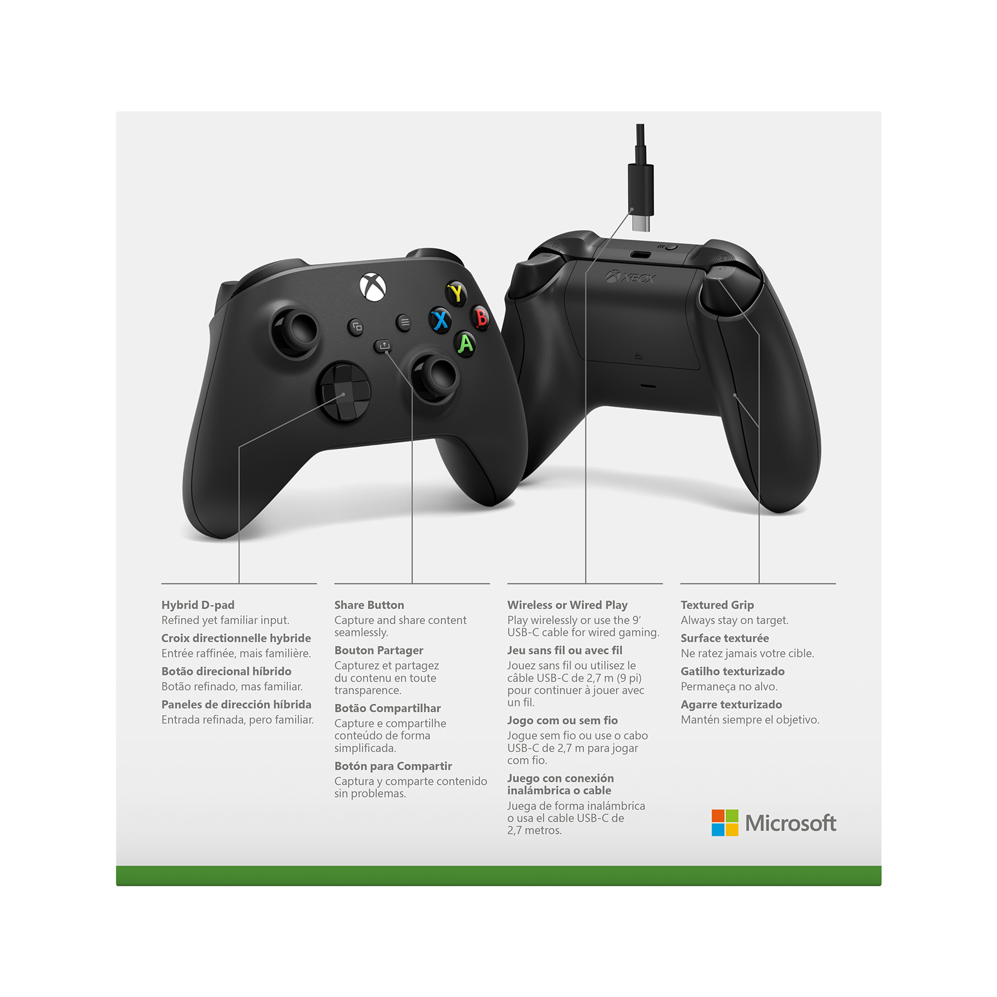 Controlador Xbox negro con botones y cable USB-C, fondo blanco y logotipo de Microsoft.