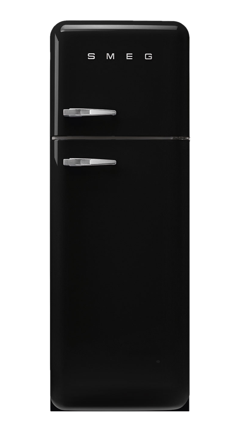 Ein schwarzer SMEG-Kühlschrank vor schwarzem Hintergrund. Er hat silberne Griffe und das SMEG-Logo oben.