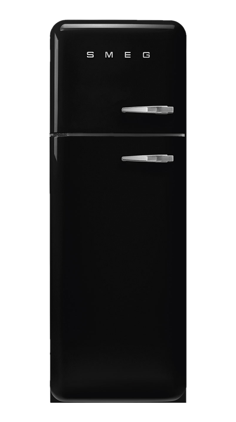 Ein schwarzer SMEG-Kühlschrank mit abgerundetem Design. Er hat Chromgriffe und das SMEG-Logo oben.