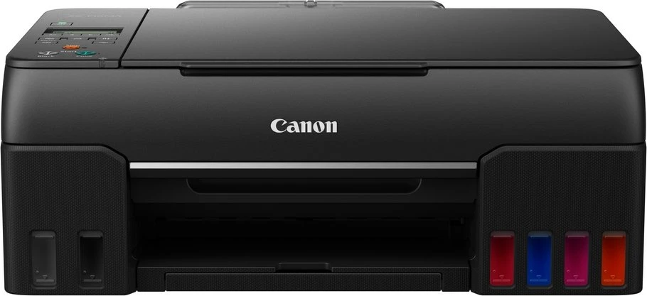 Ein schwarzer Canon-Drucker mit Tintenbehältern. Er hat ein Bedienfeld und das Canon-Logo. Tintenfarben sind sichtbar.