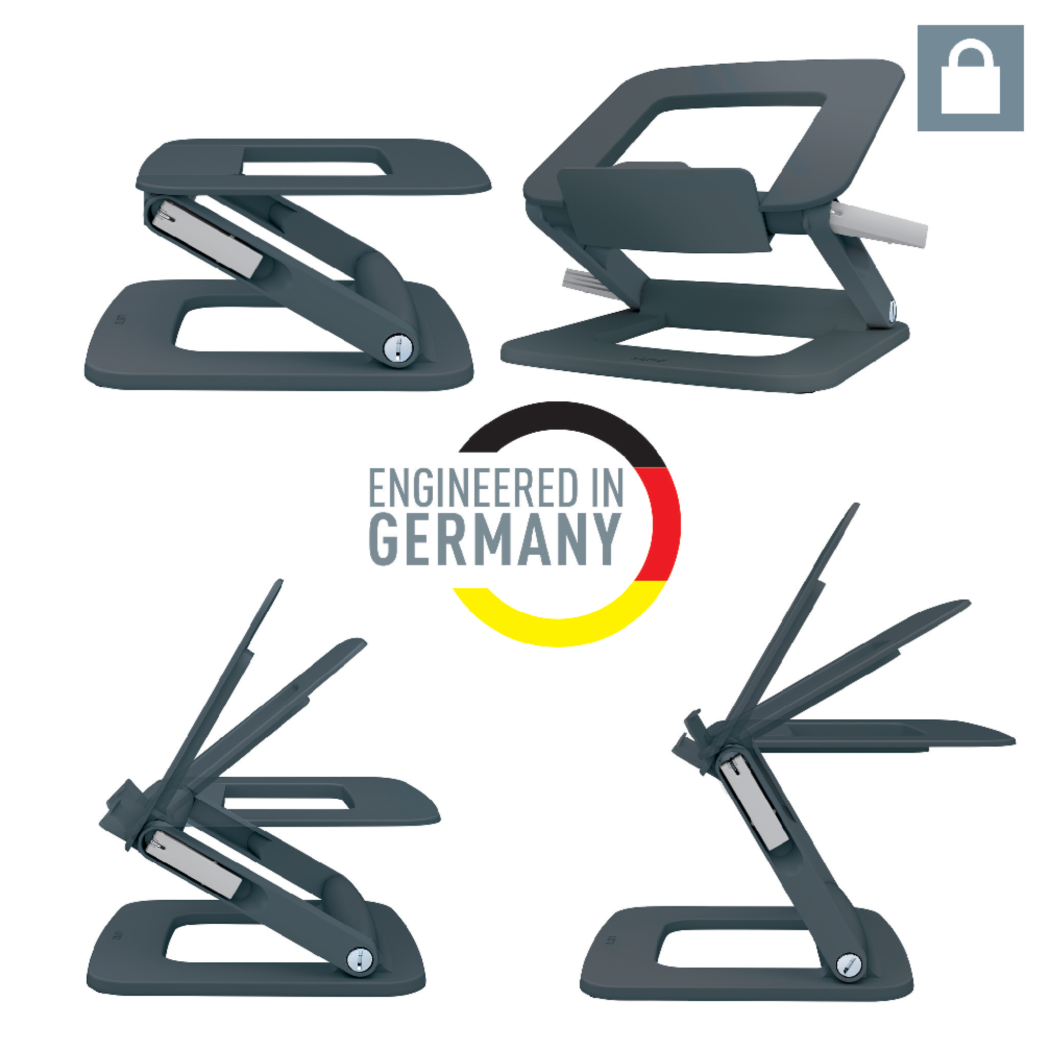 Vier Ansichten eines grauen Laptop-Ständers mit verstellbarer Höhe. Logo „Engineered in Germany“.