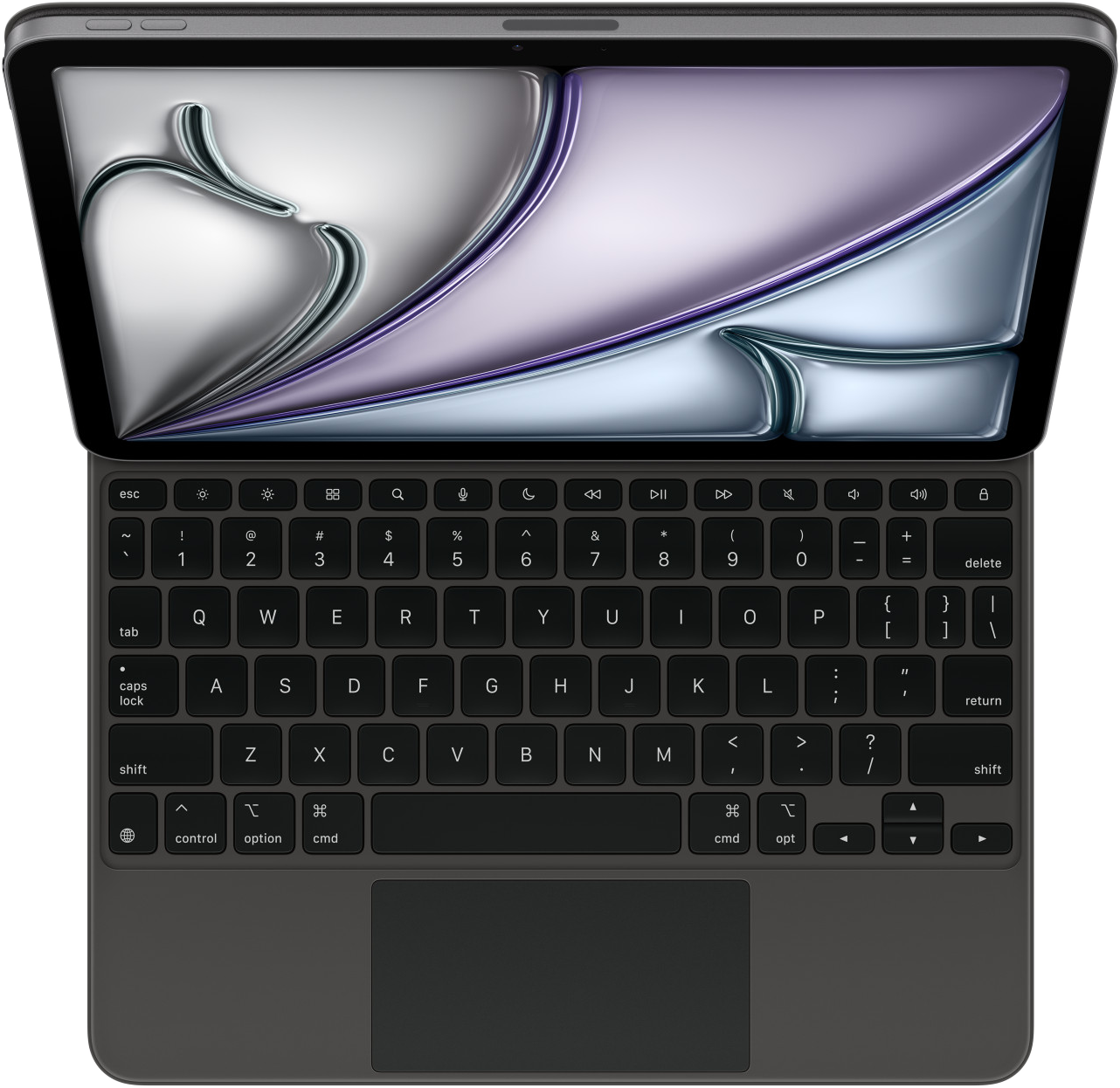 Sötétszürke laptop billentyűzet, képernyőjén ezüst és lila absztrakt dizájnnal. A billentyűk láthatók.