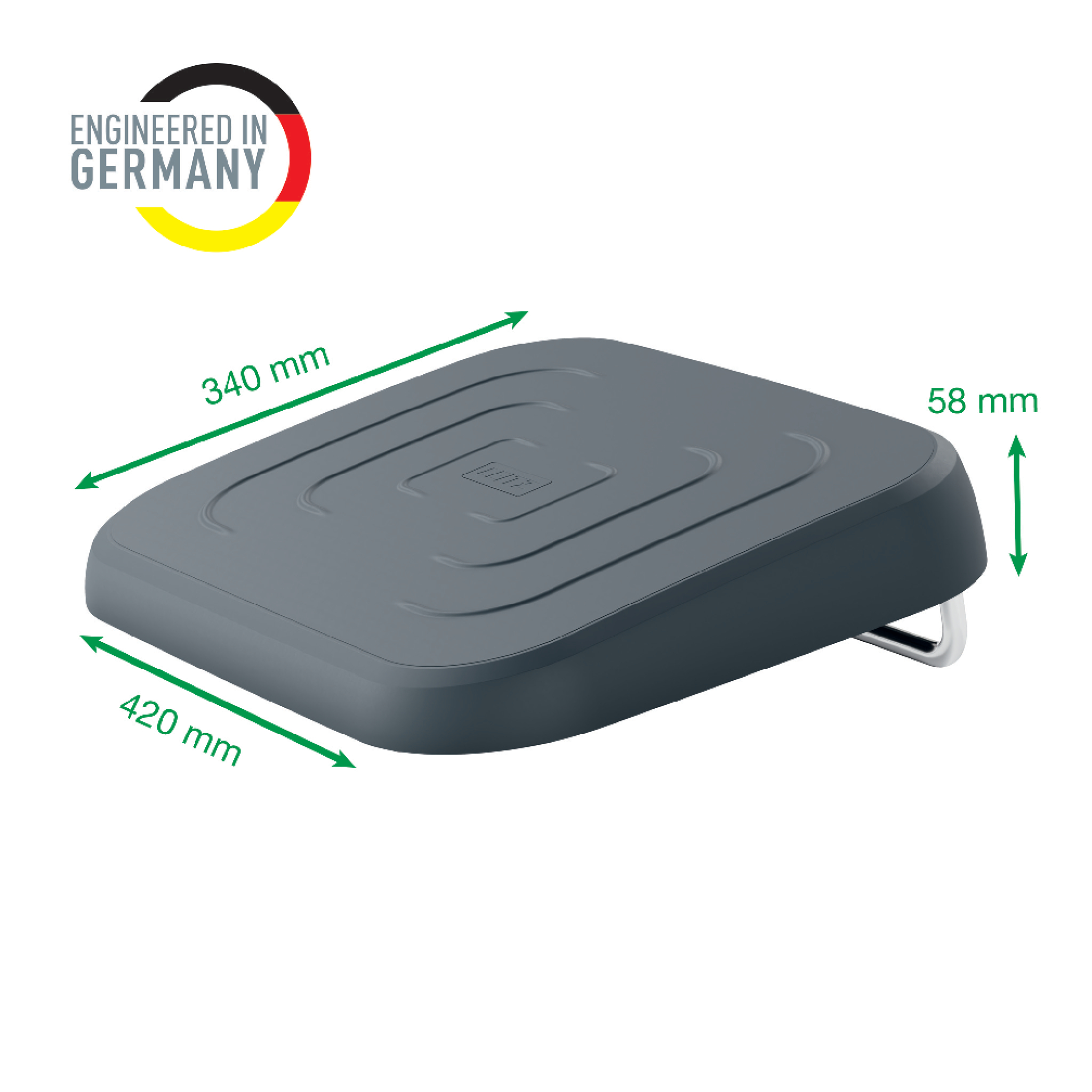 Ein graues rechteckiges Objekt mit beschrifteten Abmessungen. Logo „Engineered in Germany“ oben links.