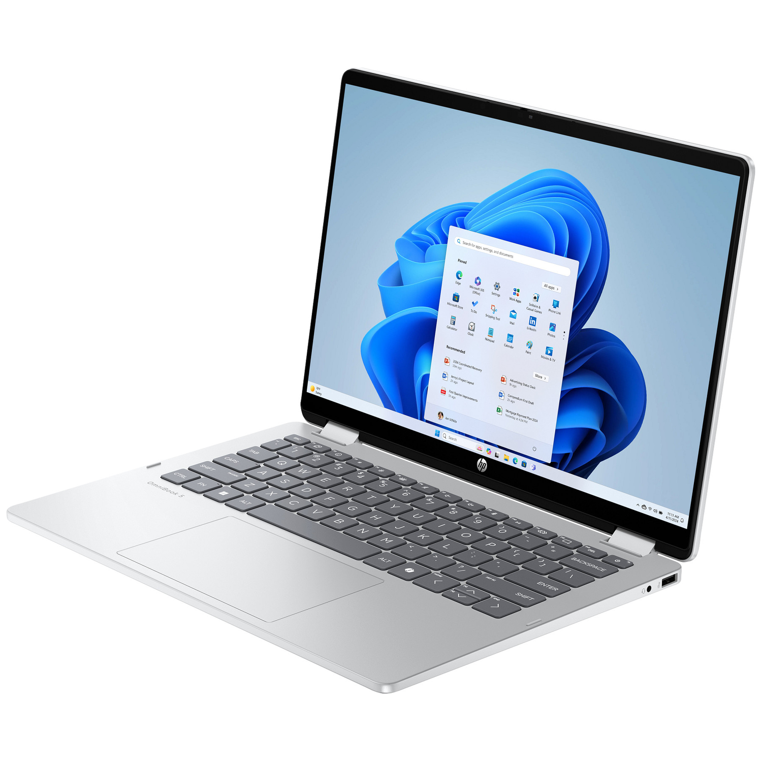 Zilveren HP laptop open, met Windows-interface. Toetsenbord zichtbaar, scherm toont app-iconen. Witte achtergrond.